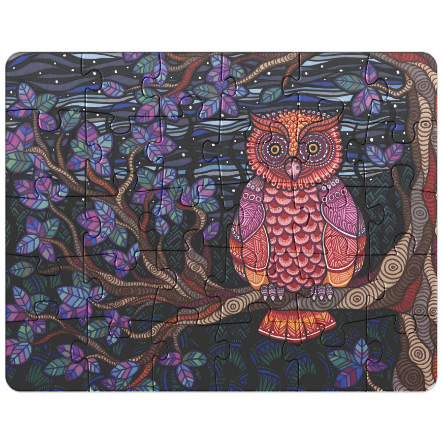 Colorful illustration of an Owl Tree Puzzle, depicting an owl perched on a branch in a vibrant, patterned forest at night.