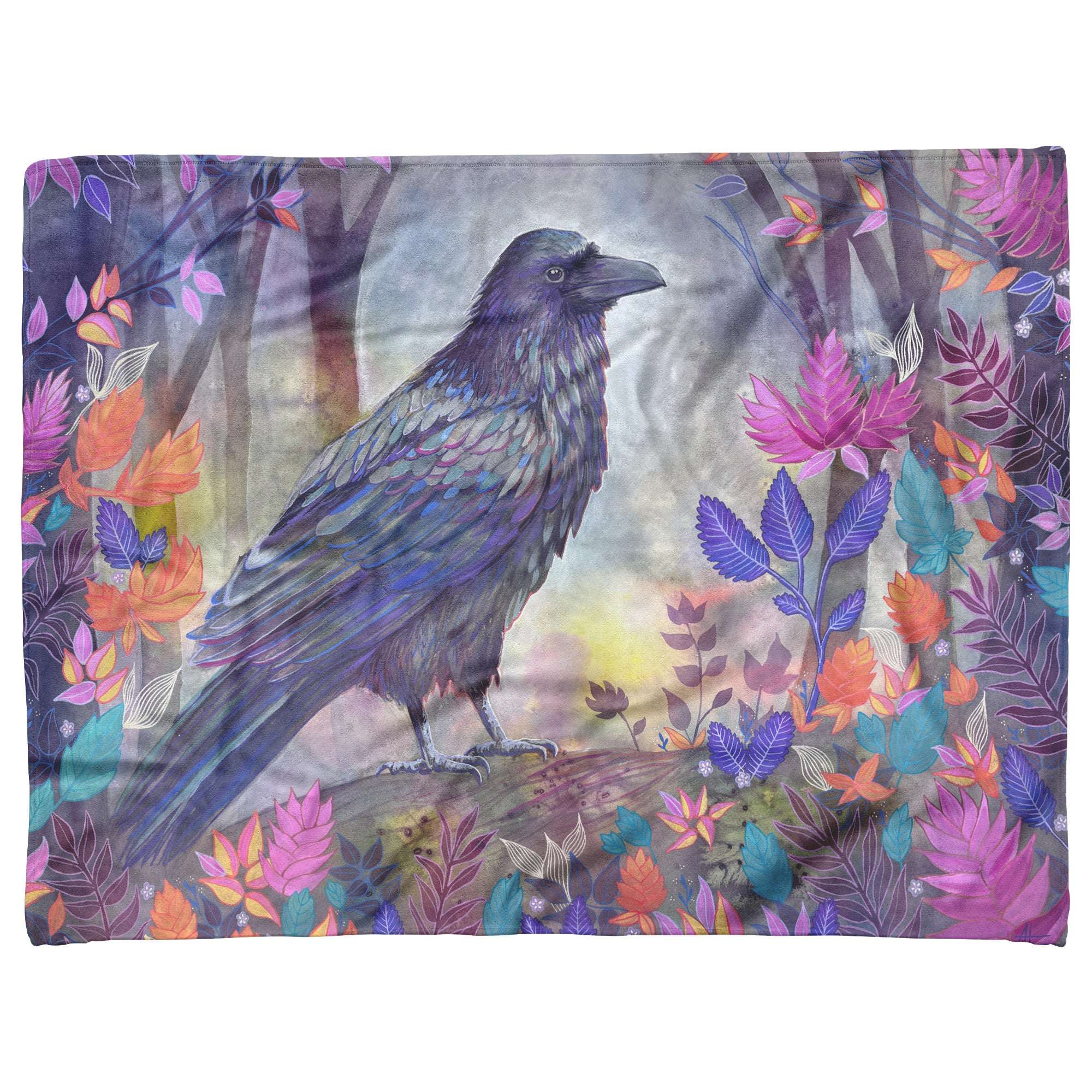 A vividly colored Raven Blanket stands amid a colorful, illustrative forest setting with bright, multicolored leaves and moody, misty background.