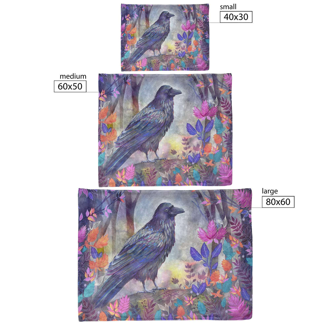 Various fleece blankets depicting a vividly colored black raven among colorful leaves, available in three sizes.