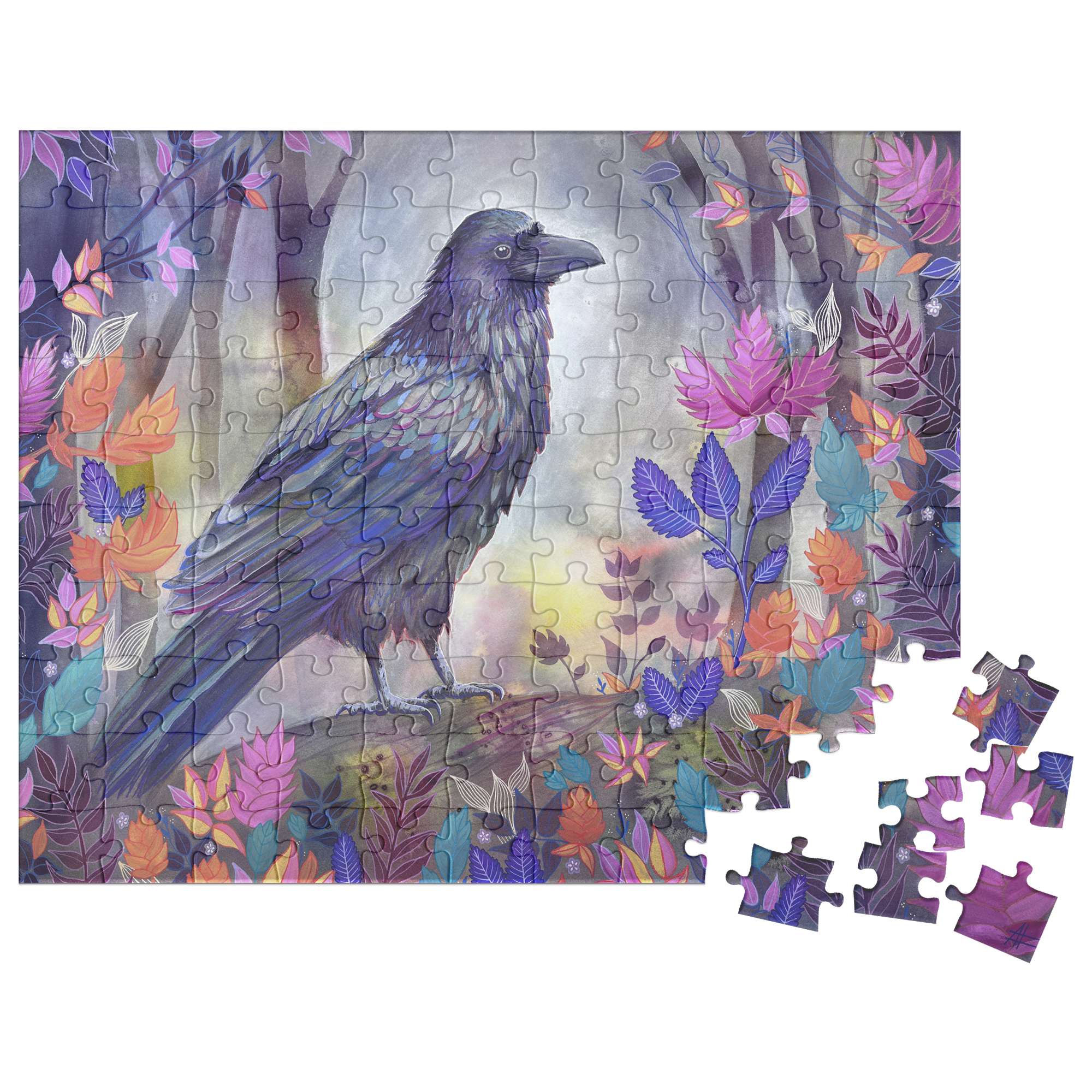 A Raven Puzzle with a few pieces missing, featuring a detailed image of a raven among colorful, stylized foliage.