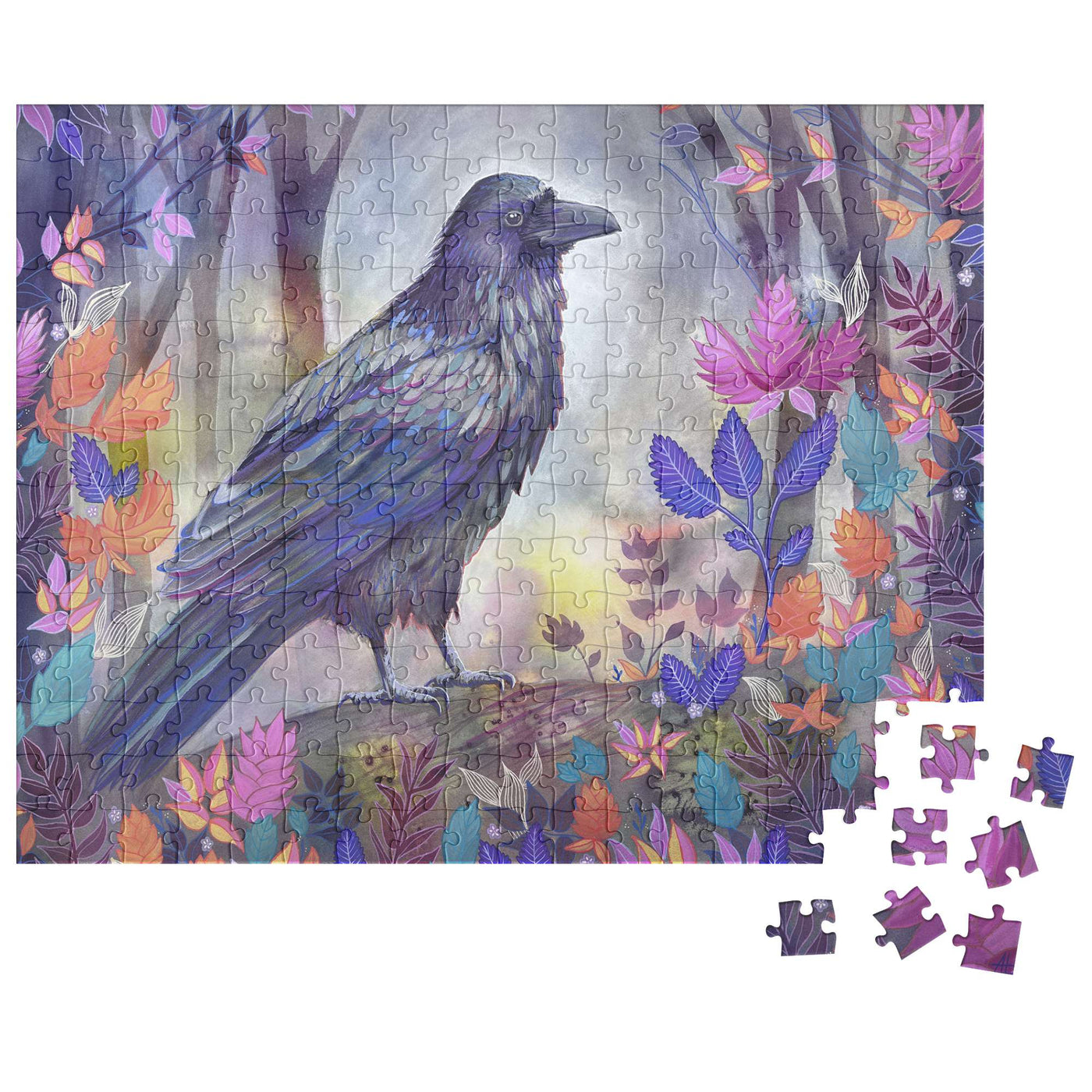 A Raven Puzzle of a raven standing in a colorful floral forest, with several puzzle pieces detached from the main puzzle.