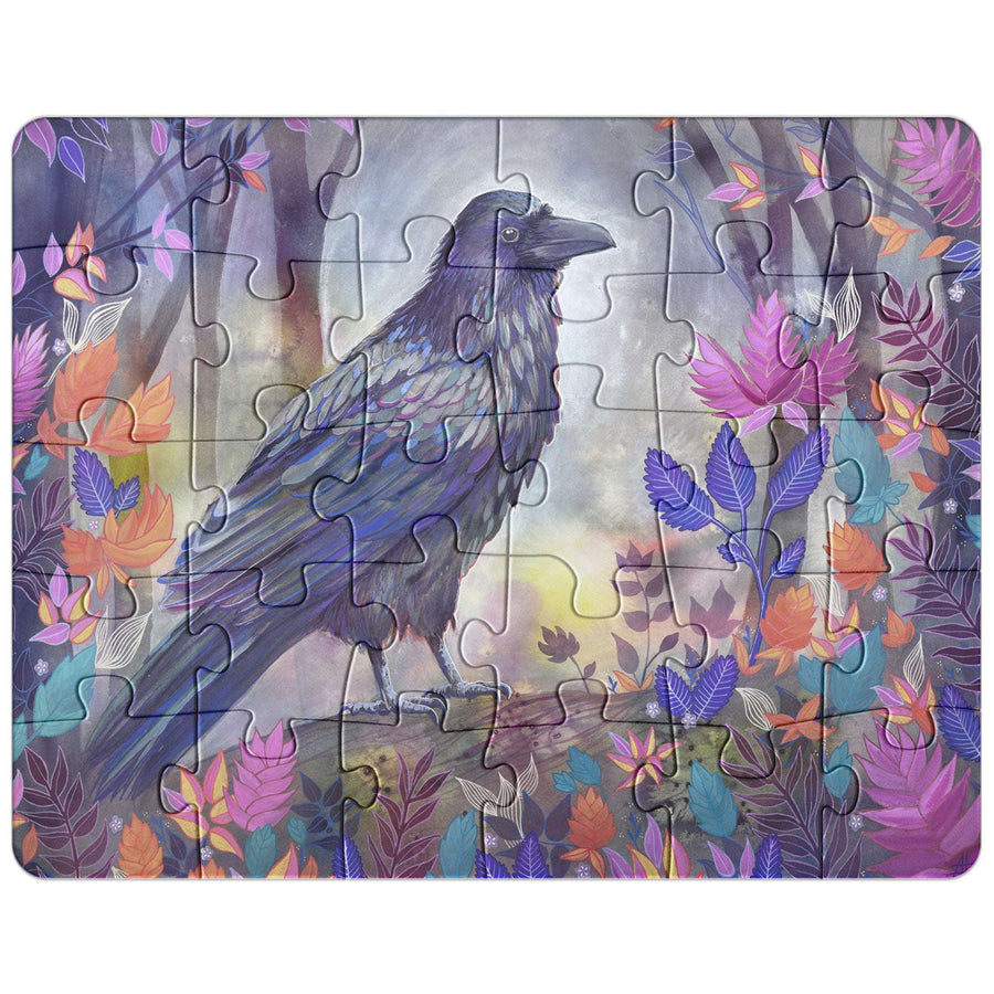 Raven Puzzle featuring an illustration of a raven amidst vibrant, colorful foliage under a soft, cloudy sky.