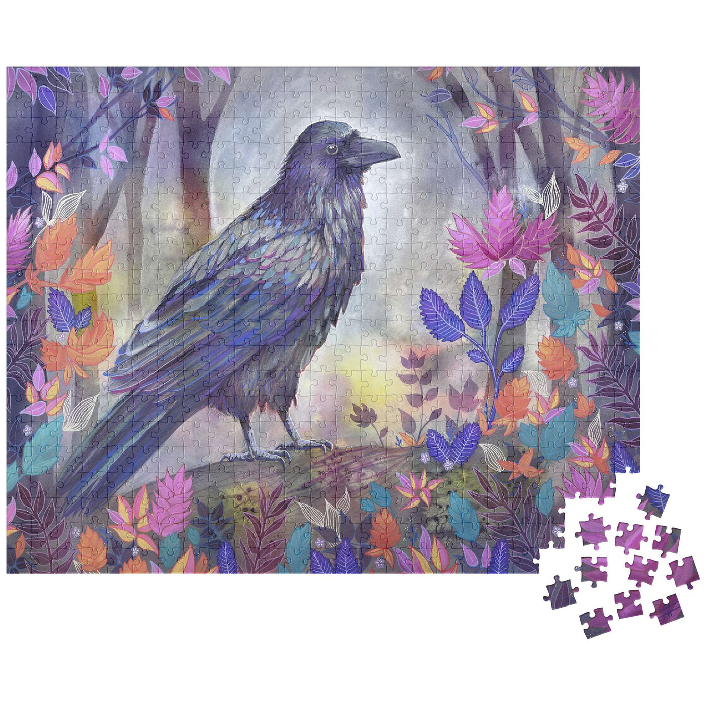 Raven Puzzle of a raven standing among colorful plants, with a few puzzle pieces yet to be placed.