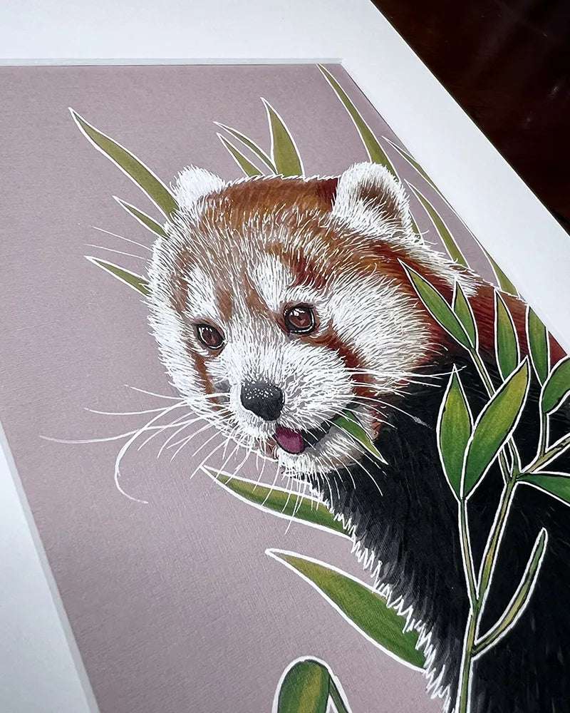 Illustration of a Red Panda - Original Marker Painting peeking through green bamboo leaves, depicted on a light purple background.