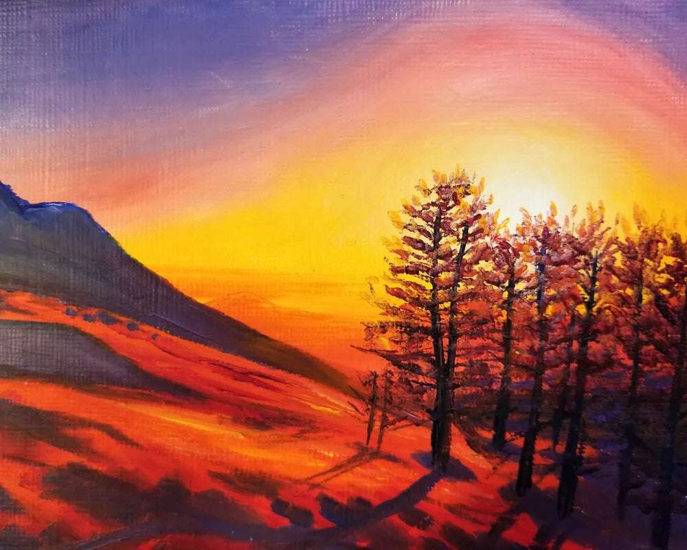 Red Snow Sunset - Original Oil Painting depicts a sunset with intense orange and yellow hues casting shadows from trees beside a mountain.