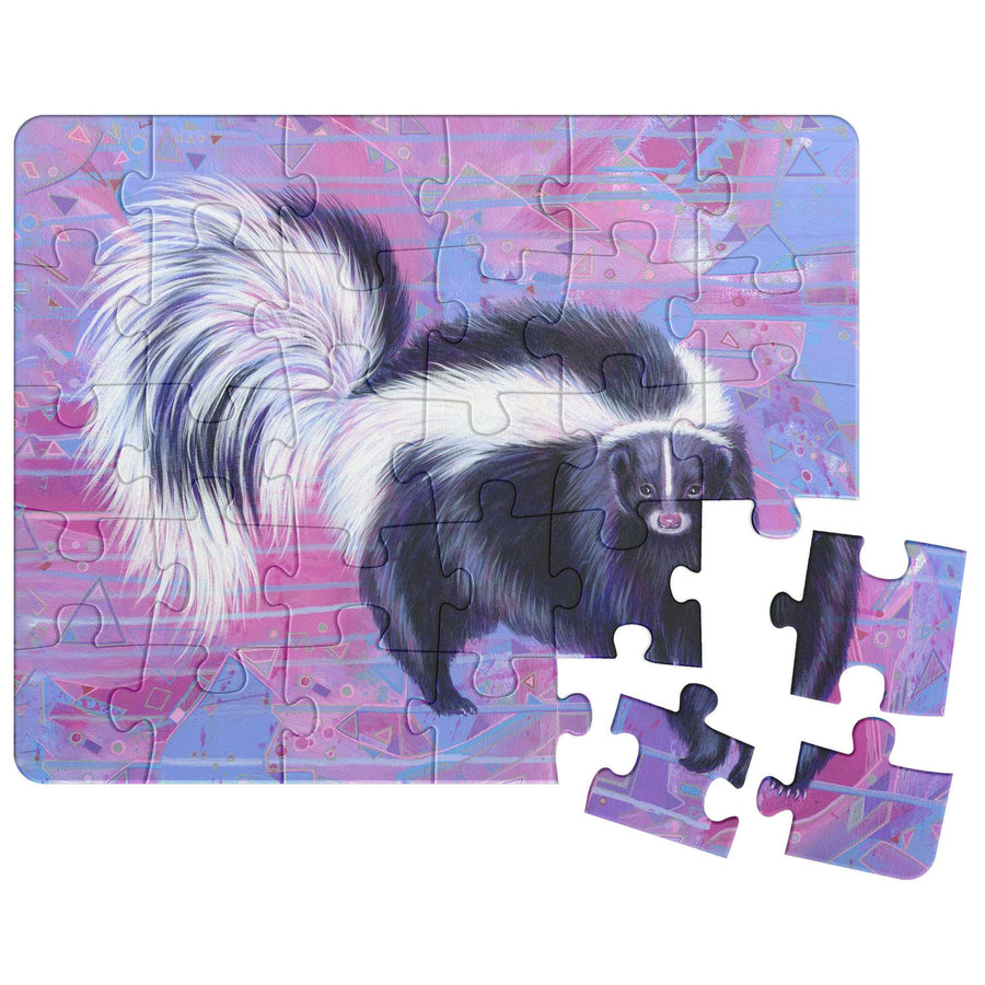 Skunk Puzzle featuring an illustrated skunk with some pieces detached, set against a colorful abstract background.