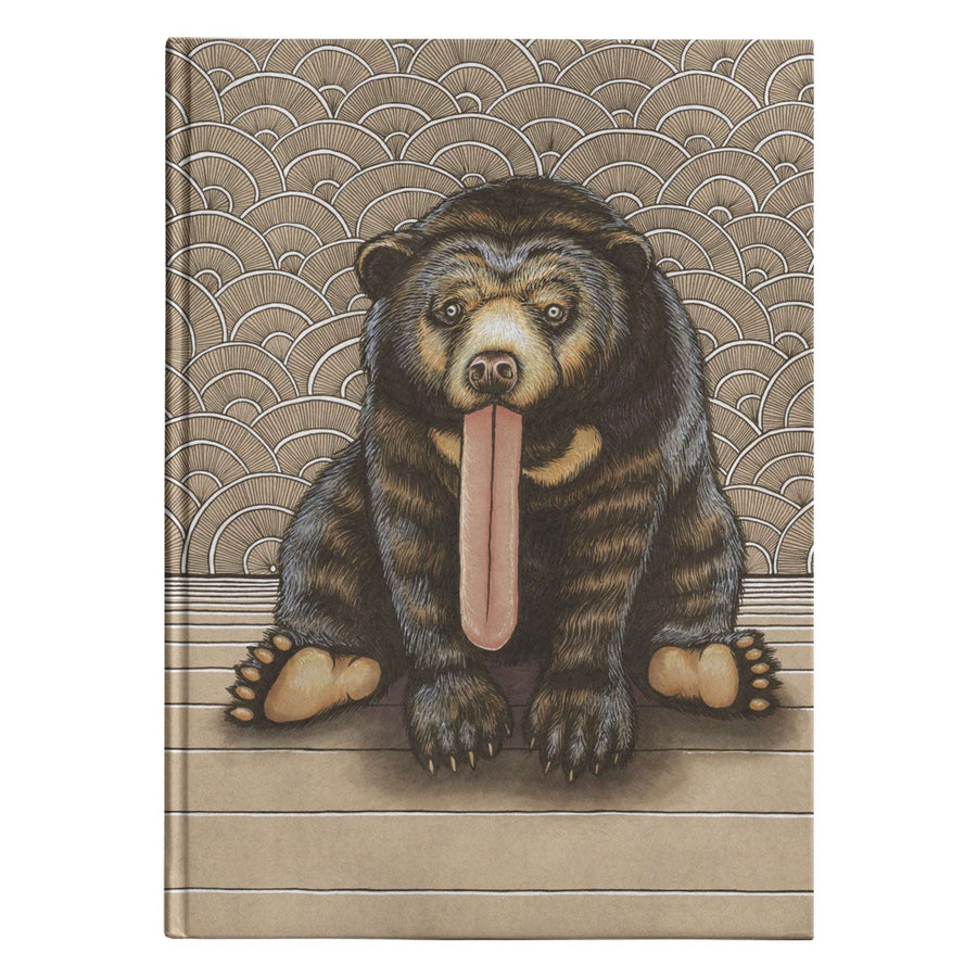 Illustration of a bear sitting with a long tongue hanging out, set against a patterned background with wavy lines on the Sun Bear Journal.