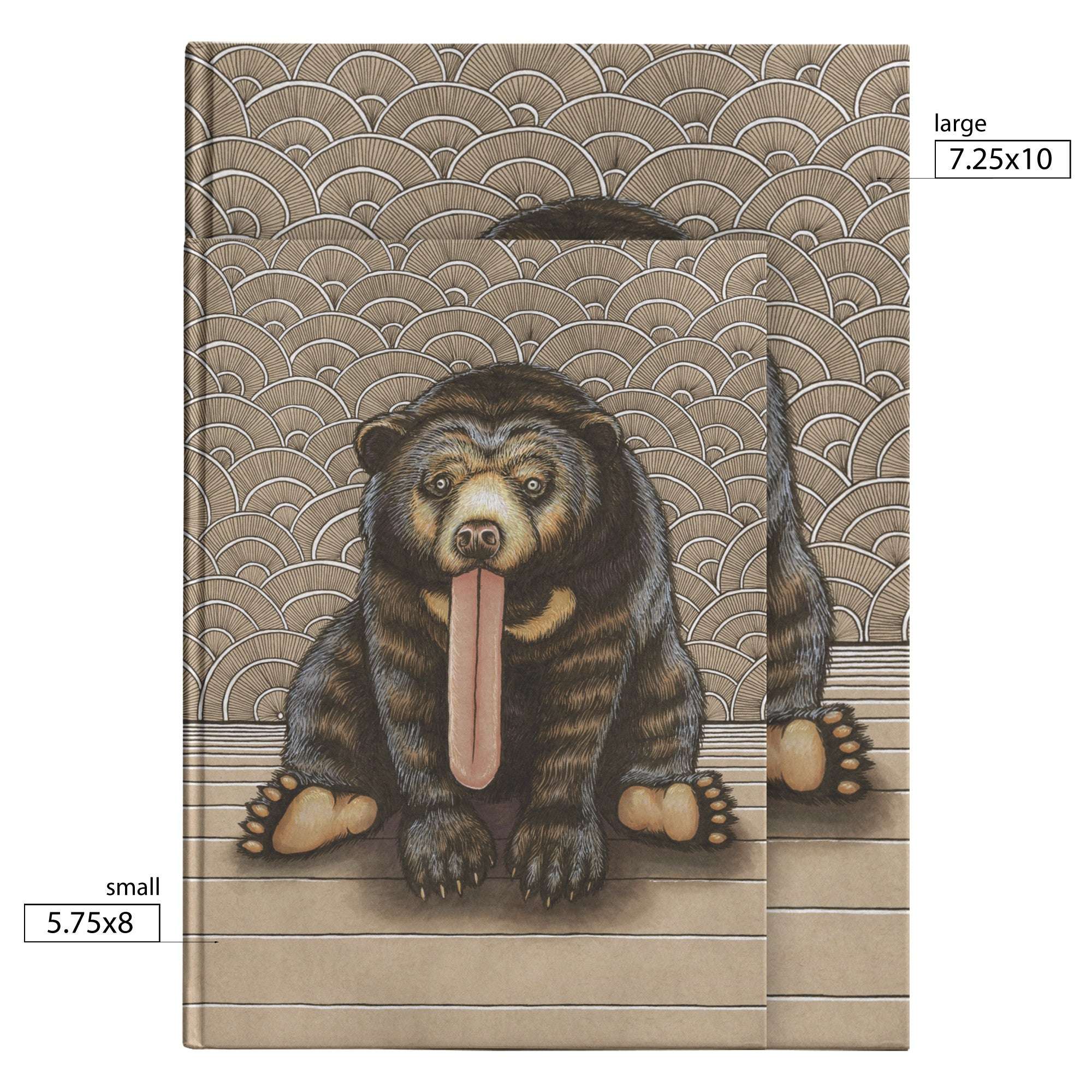 Illustration of a yawning bear with a long tongue, sitting on its hind legs against a patterned backdrop, displayed in two Sun Bear Journal sizes.