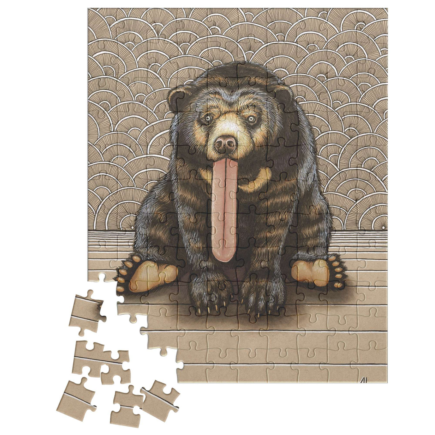 Sun Bear Puzzle depicting a bear with pieces missing at the bottom left, set against a patterned background.