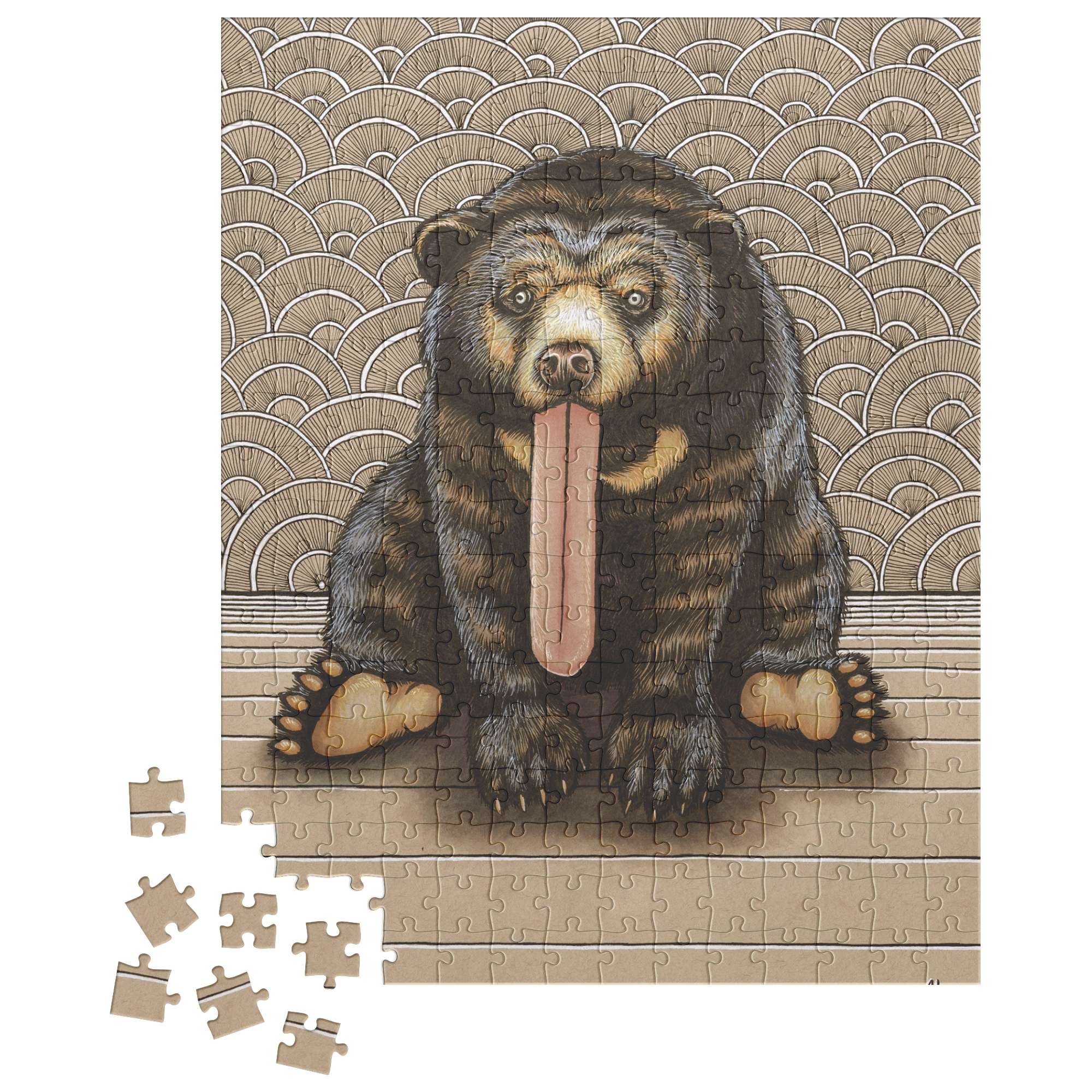 A Sun Bear Puzzle partially assembled, depicting an illustration of a sun bear sitting with its tongue out, against a patterned background.