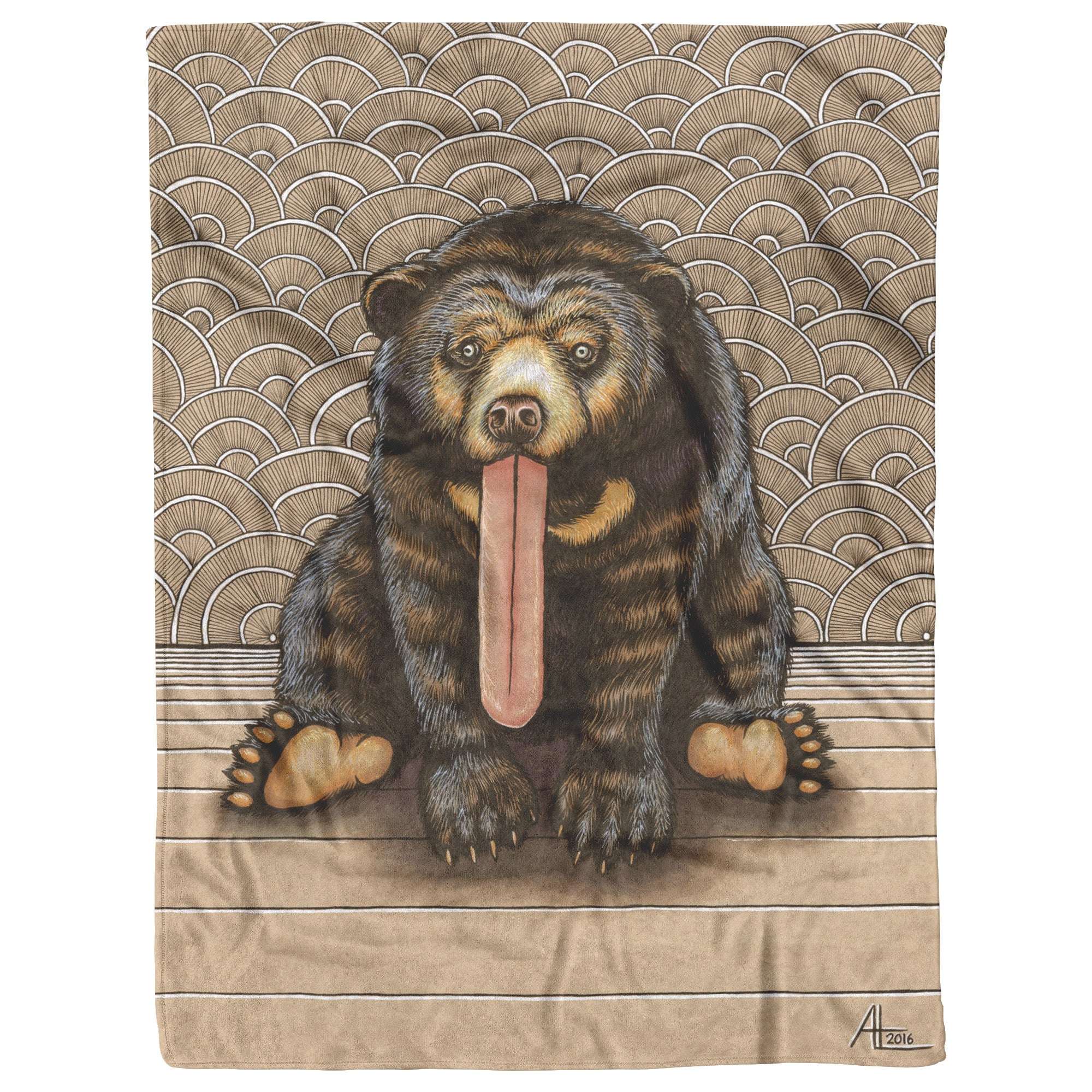 Illustration of a Sun Bear with a long tongue sitting down, against a patterned background featuring arch-like designs on a Sun Bear Blanket.