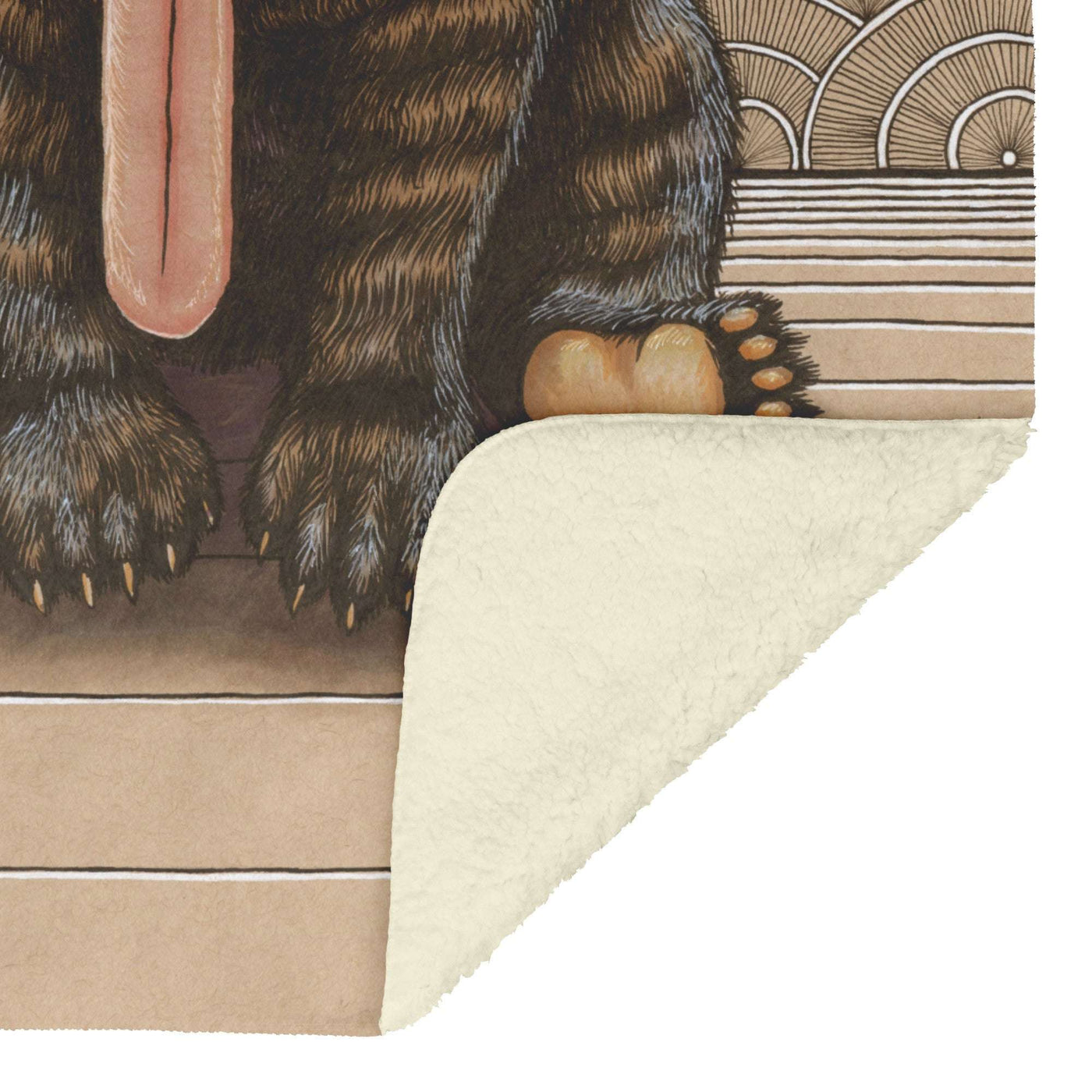 An illustration of a Sun Bear Blanket sitting with its tongue out, resting its paws over the edge of a surface adorned with linear patterns.
