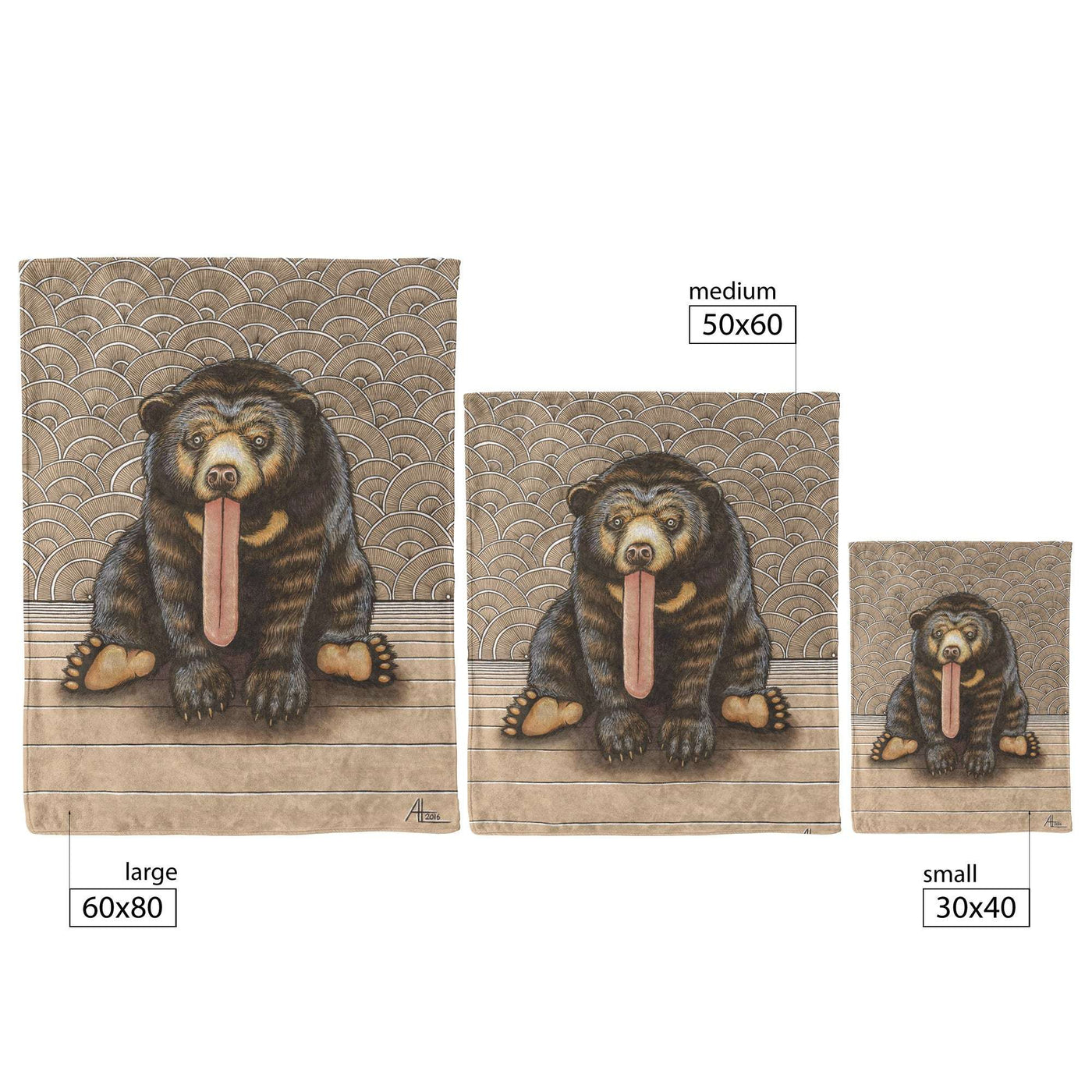 Three Sun Bear Blankets featuring a cartoon bear with a long tongue, presented in different sizes: large (60x80), medium (50x60), and small (30x40).
