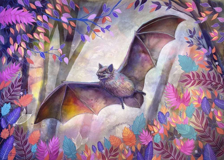 A vibrant illustration of The Bat (Night Flight) with detailed wings amidst colorful, stylized foliage within a whimsical, forest-like setting.