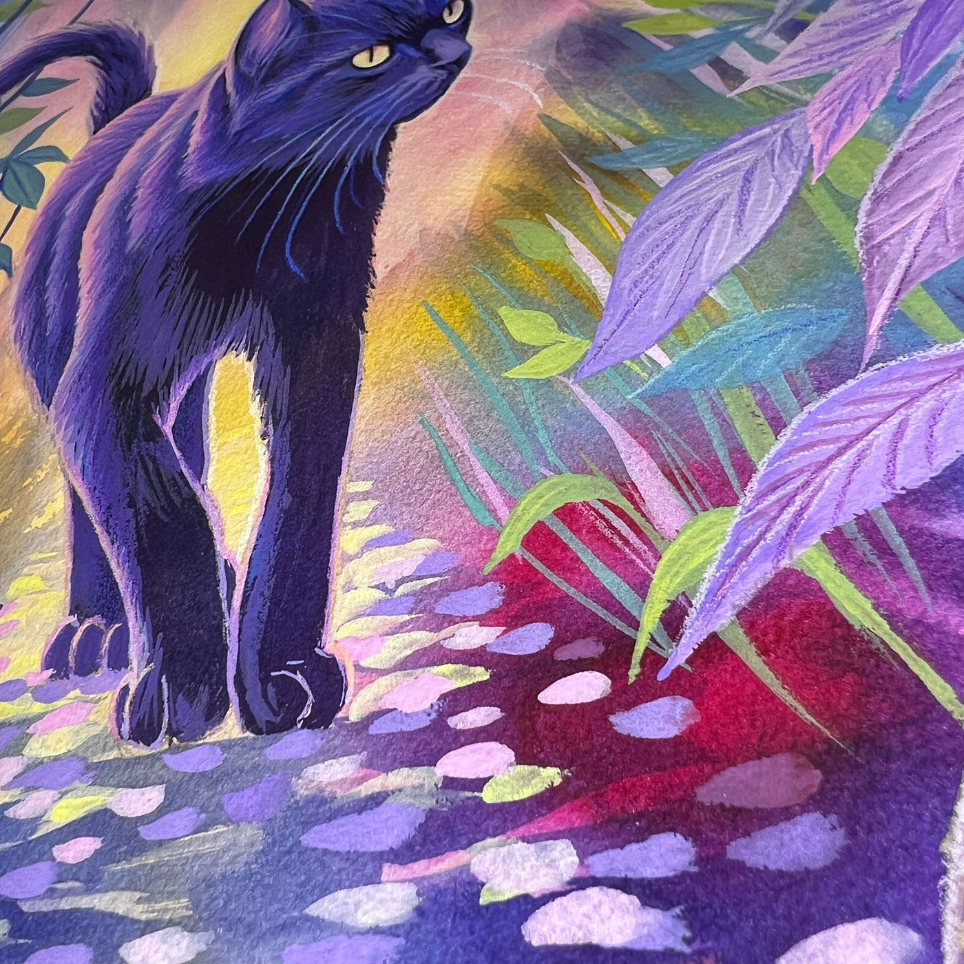 A painting depicting The Cat (Twilight Watch) in a colorful, mystical forest with vibrant purple and green foliage.