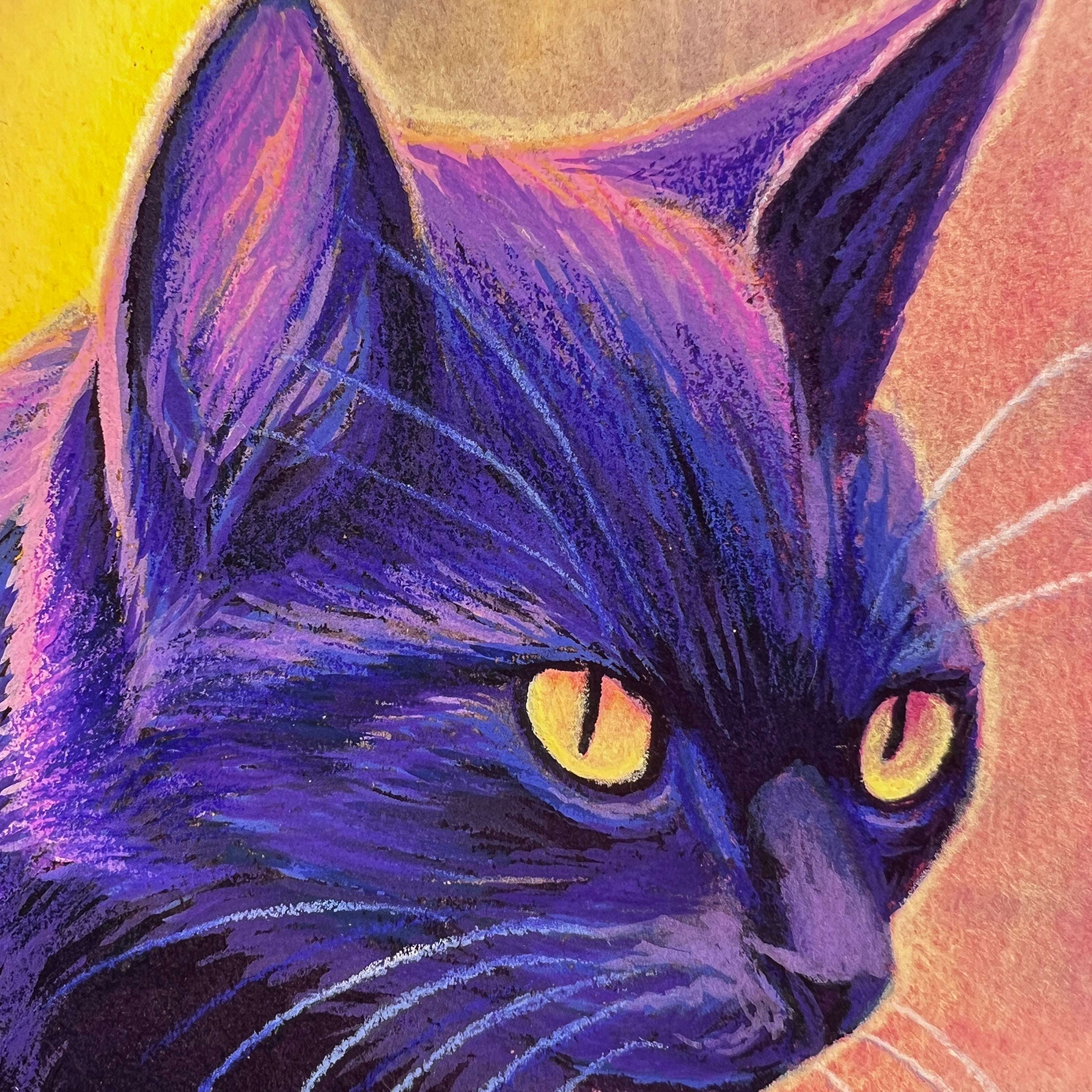 Vibrant pastel drawing of The Cat (Twilight Watch) with intense yellow eyes.