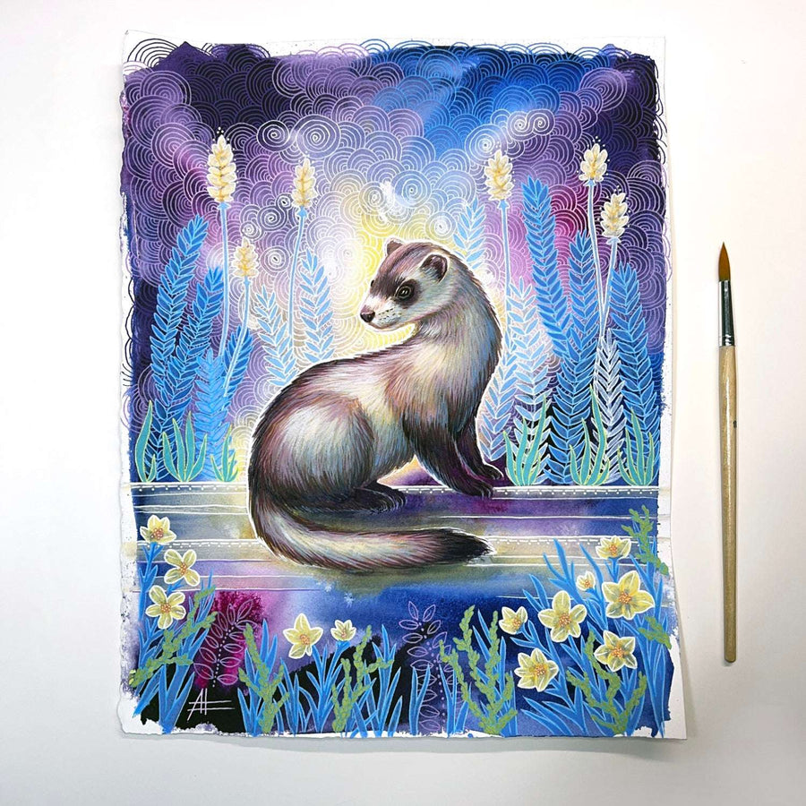 A vivid illustration of "The Ferret" on textured paper, surrounded by a whimsical, colorful background of plants and abstract patterns, with a paintbrush beside it.