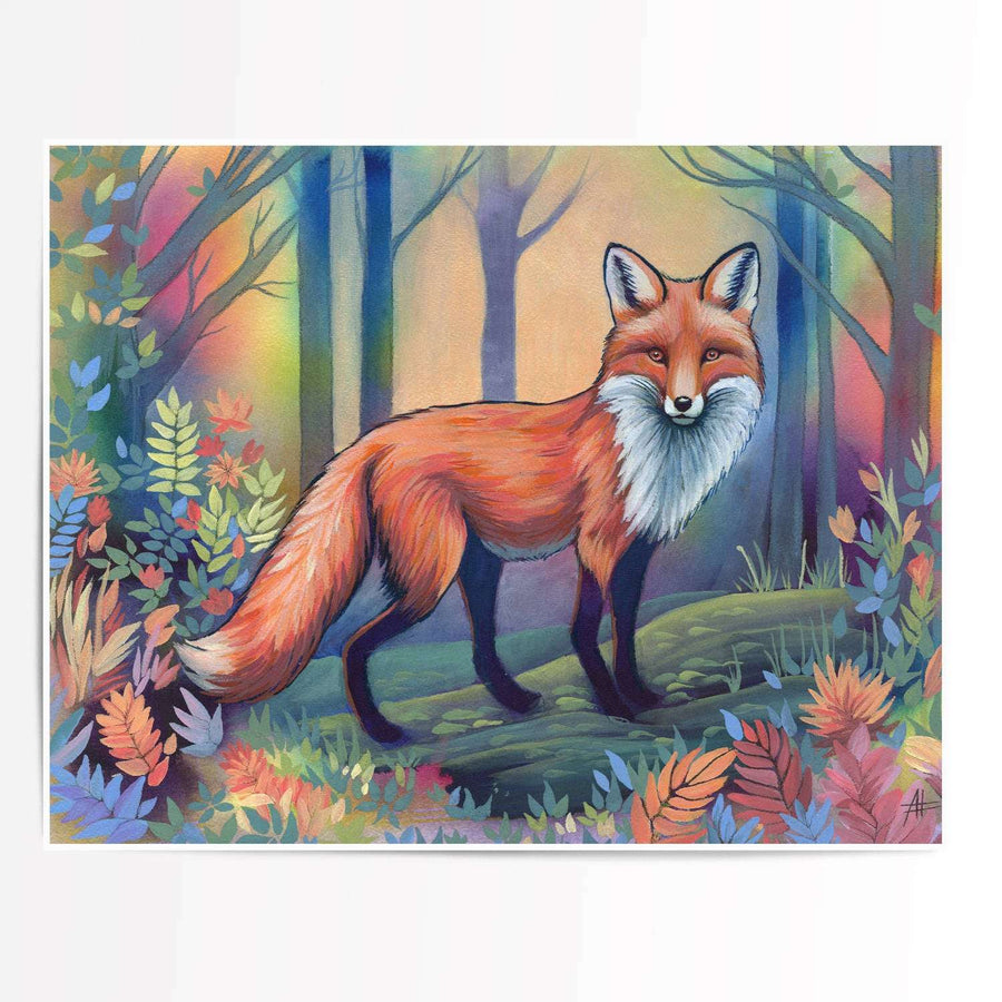 Vibrant art print featuring a red fox standing among colorful plants in an enchanted forest.