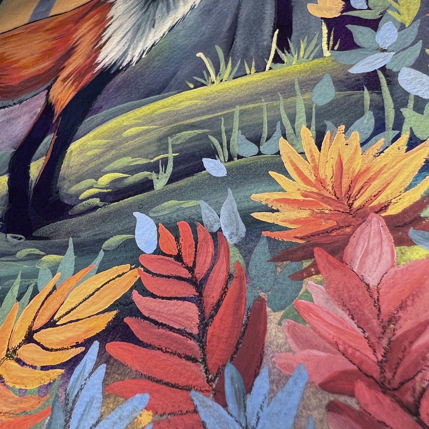 Detail of a fox painting showing the gradient twilight background and autumnal leaves.