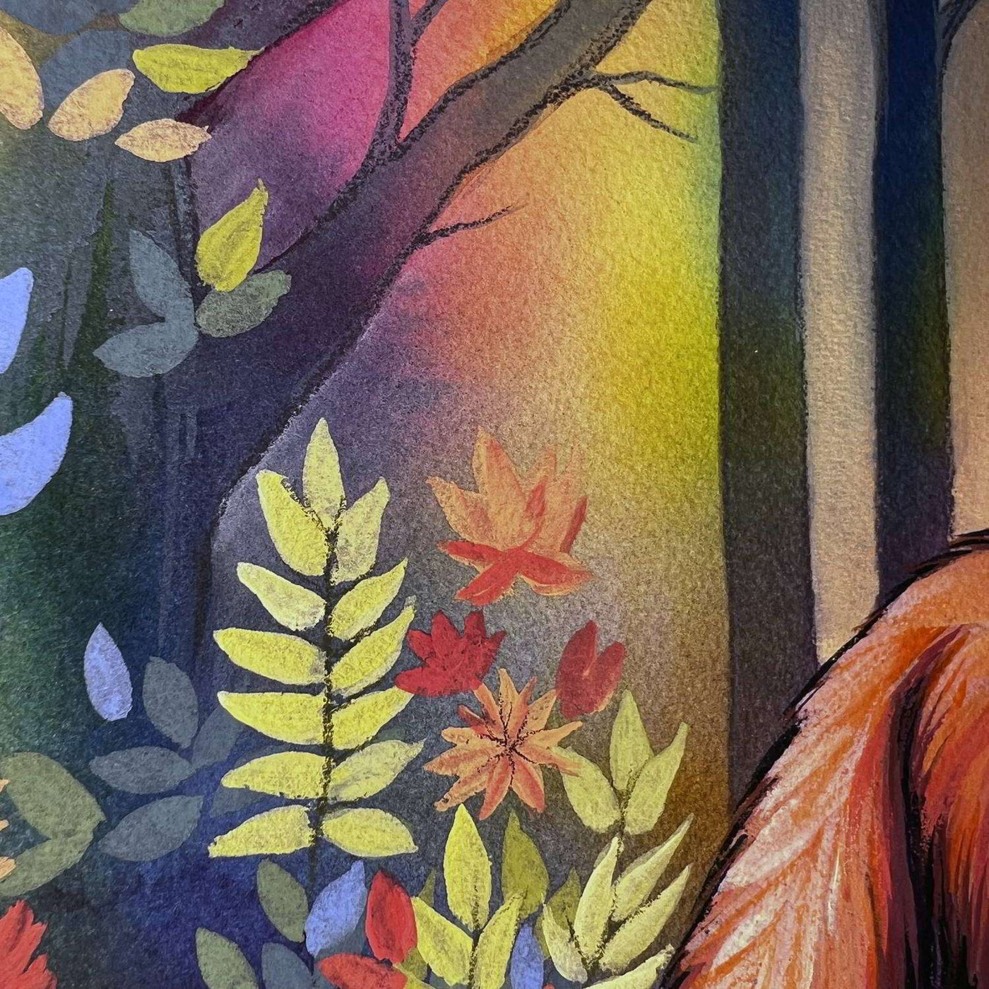 Detail of a fox painting showing the gradient twilight background and autumnal leaves.