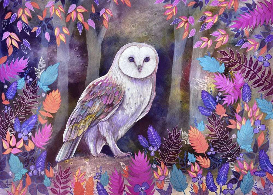 A white owl perched on a stump surrounded by vibrant, colorful foliage in a mystical forest setting.