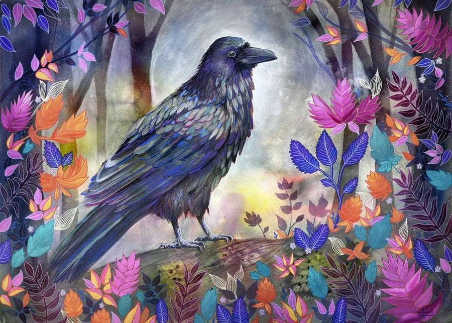 A vivid illustration of The Raven (Night Flight) perched in a colorful, enchanted forest with a mystical light in the background.