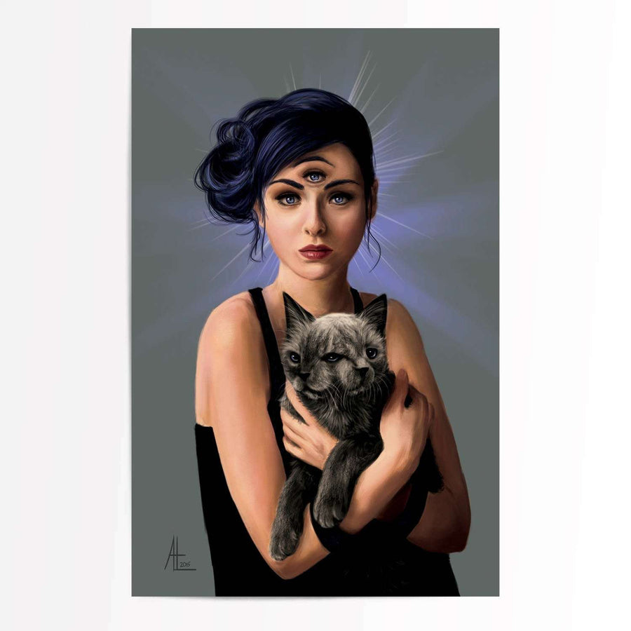 Third Eye - Art Print, 11x17 of a woman with blue hair holding a 2 faced gray cat, looking directly at the viewer against a light gray background.