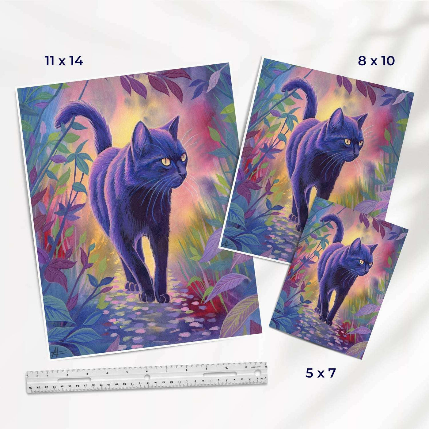 Twilight Watch - Fine Art Print Bundle of a blue cat in a colorful, mystical forest, available in sizes 11x14, 8x10, and 5x7 inches, displayed with a ruler for scale.
