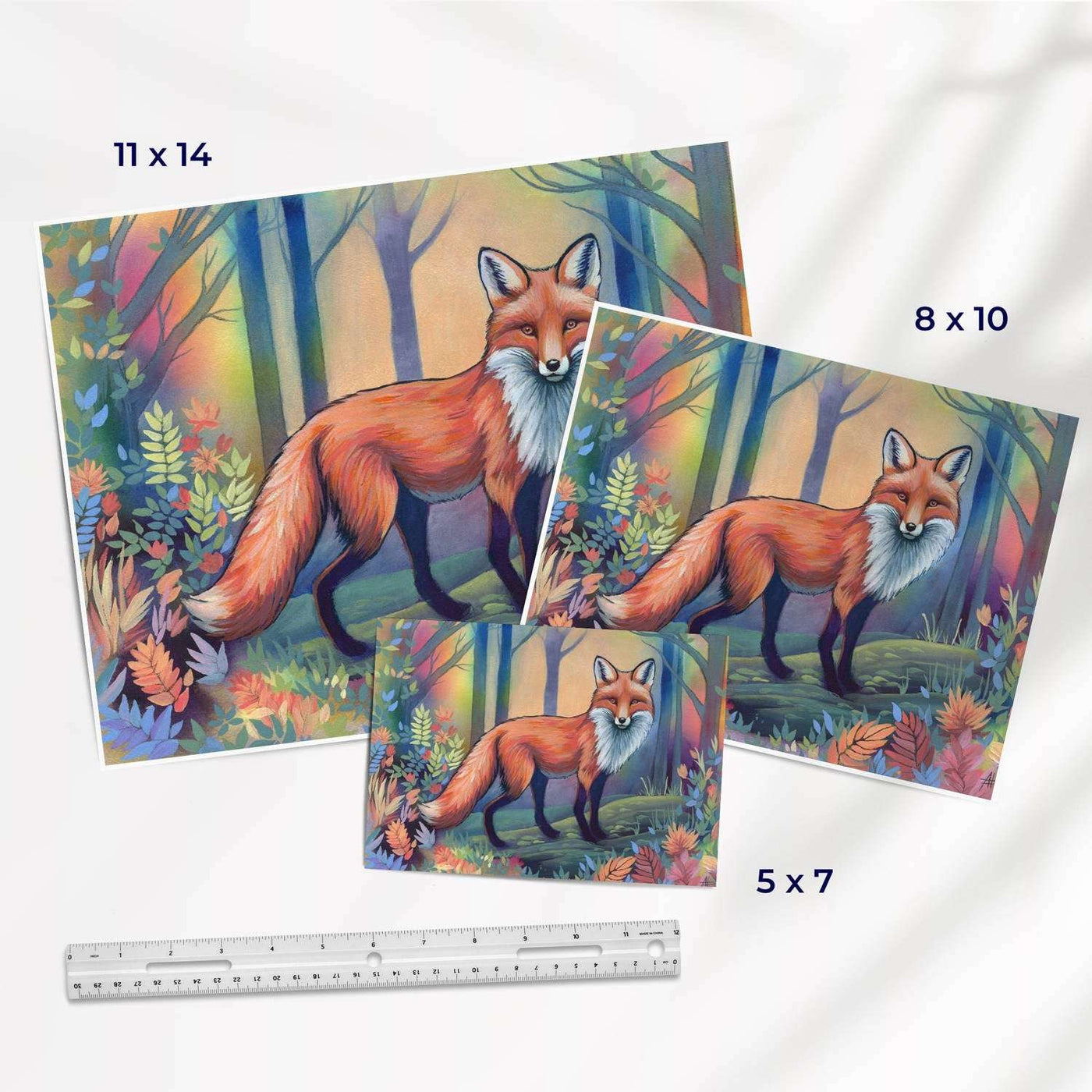 Three Twilight Watch - Fine Art Print Bundle of a fox in a forest with varying sizes displayed with a ruler for scale.