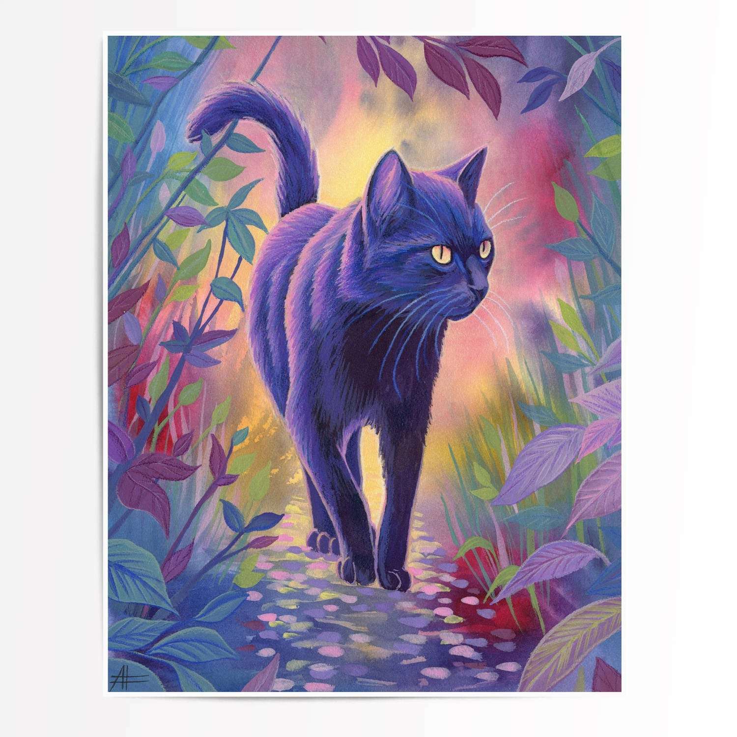 Illustration of a purple cat walking on a colorful, leaf-strewn path surrounded by vibrant foliage under a dusky sky from the Twilight Watch - Fine Art Print Bundle.