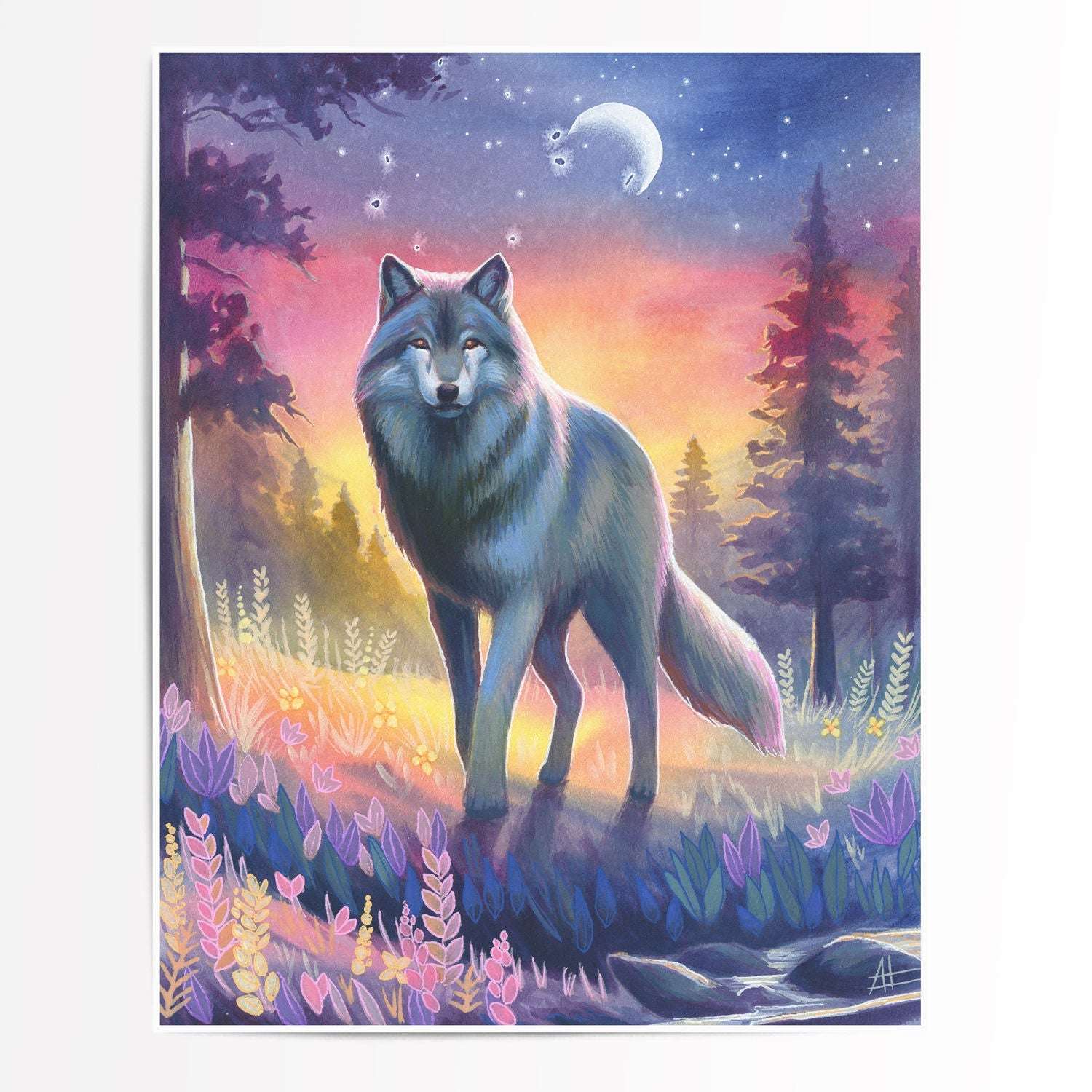 A painting of a wolf standing in a forest at twilight with a vibrant sky and crescent moon overhead.
Product Name: Twilight Watch - Fine Art Print Bundle