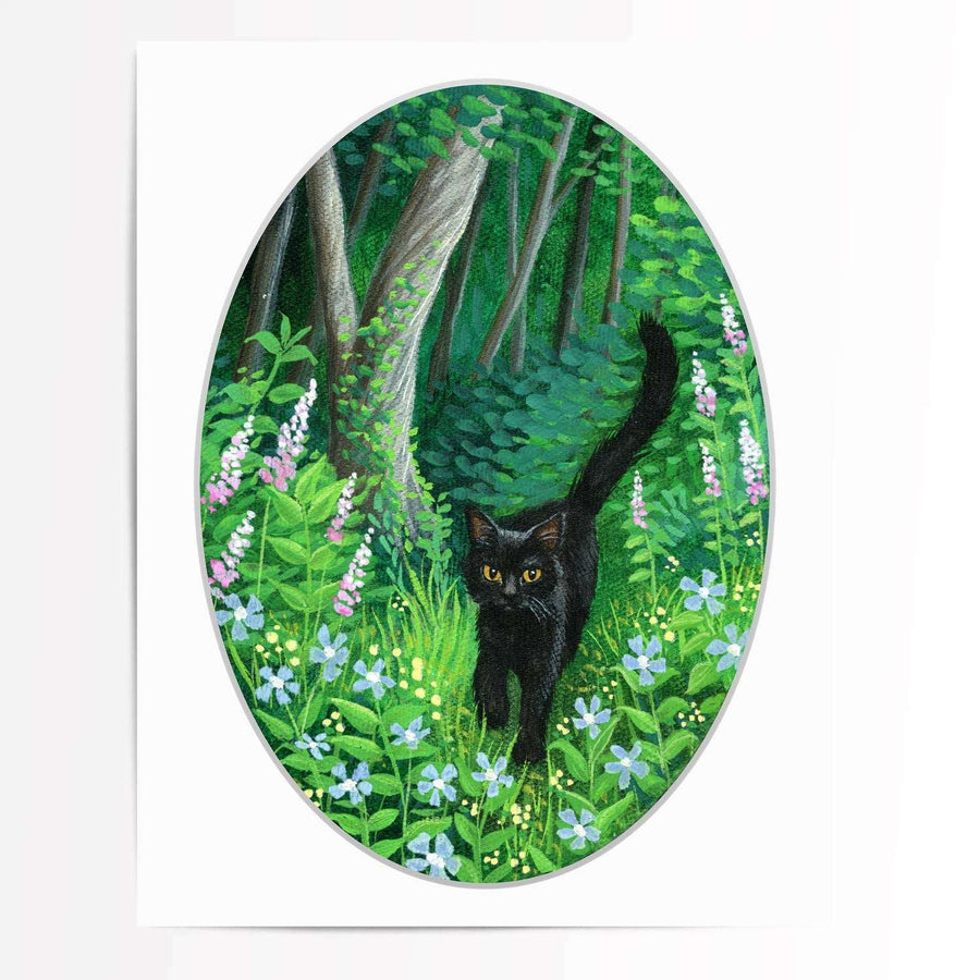 An illustration of a black cat walking through a lush green forest depicted within an oval frame, titled "Whiskered Welcome - Fine Art Print.