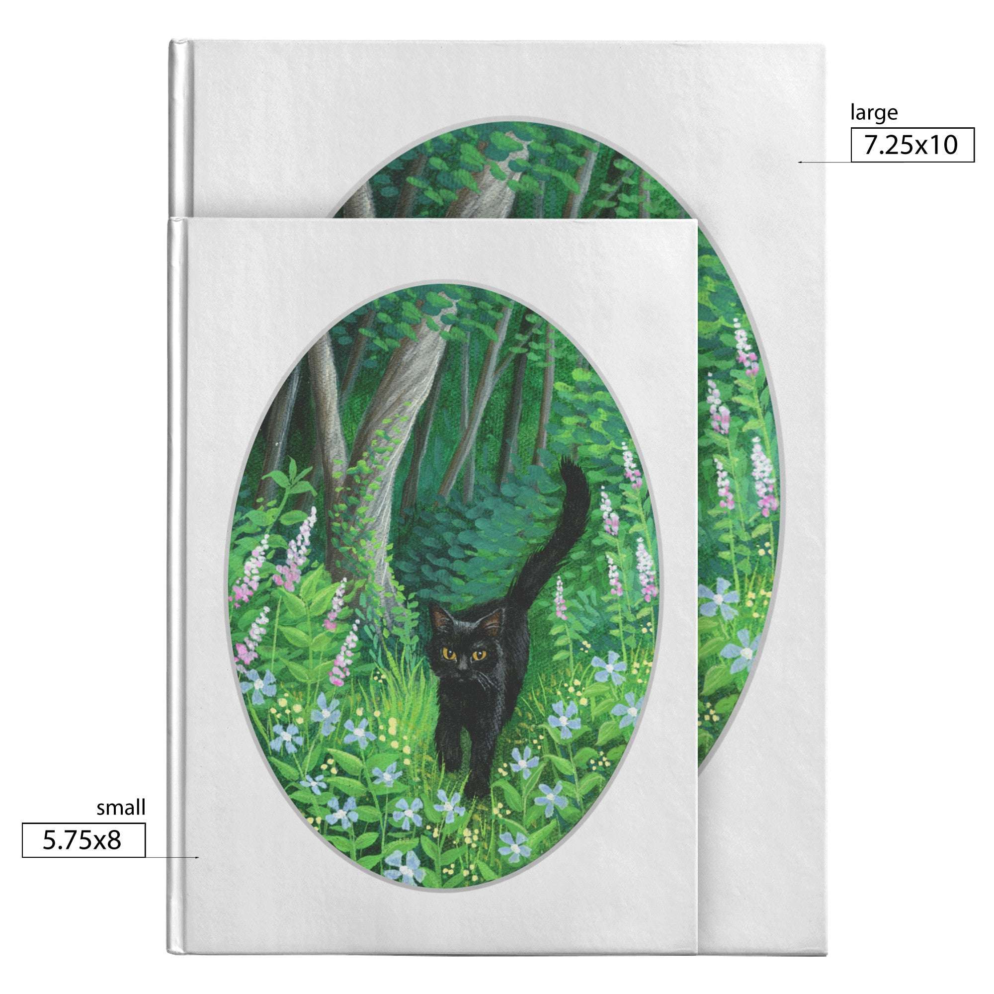 Whiskered Welcome Journal with two sizes shown, featuring a cover illustration of a black cat walking through a lush, green forest with blue and pink flowers.