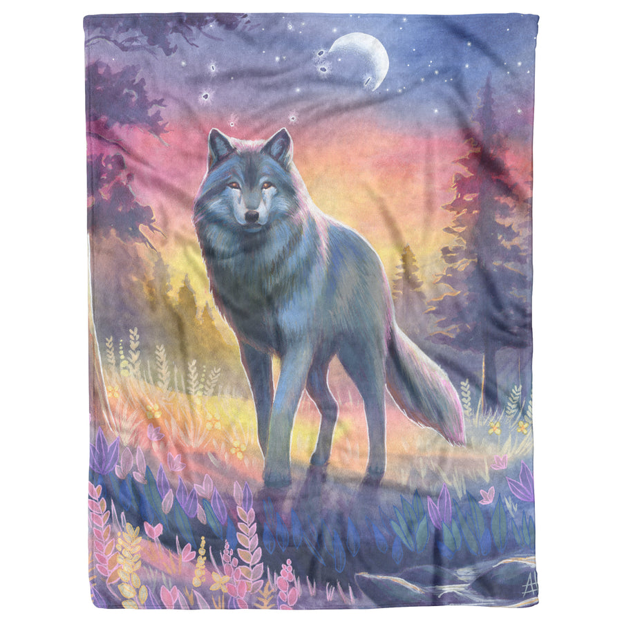 A Wolf Blanket standing on a rock with a colorful twilight sky, crescent moon, and forest in the background.
