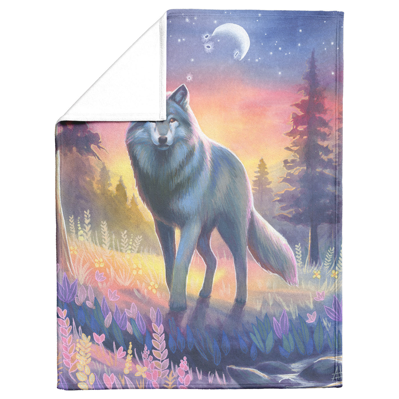 A colorful Wolf Blanket featuring a painted wolf in a vibrant forest at sunset, with a crescent moon in the sky.