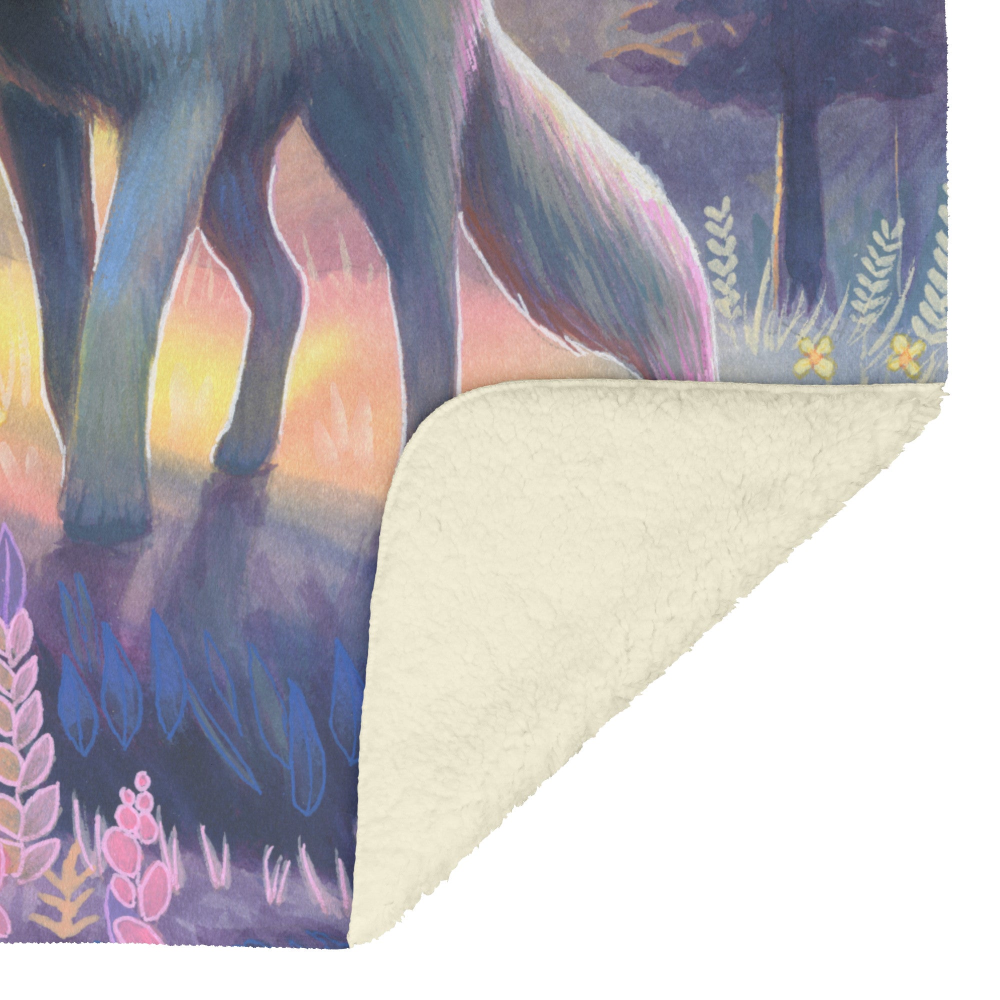 A wolf fleece blanket featuring a watercolor painting of a forest scene at dusk with abstract shapes and vivid colors partially covered by the folded corner of the blanket.