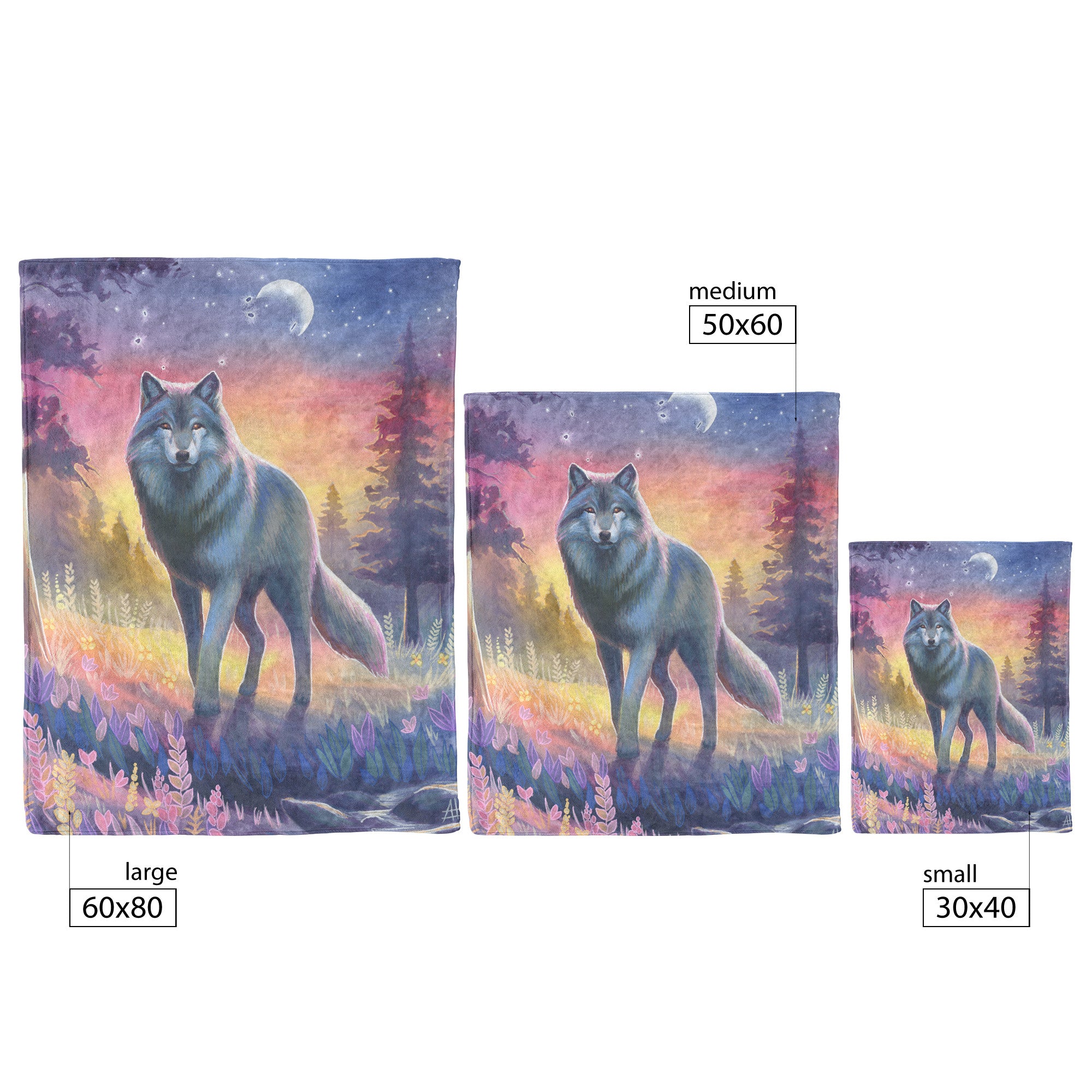 Three Wolf Blankets featuring a wolf in a twilight forest, varying in size from small to large, each with dimensions labeled.