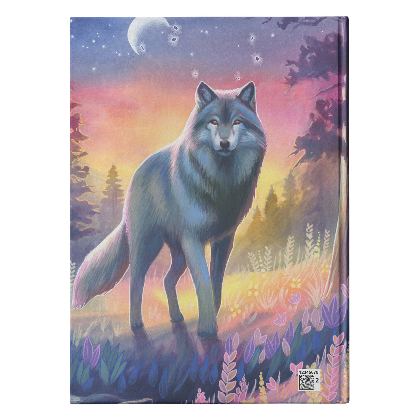 Wolf Journal of a wolf standing in a colorful forest at sunset with a crescent moon and stars overhead.