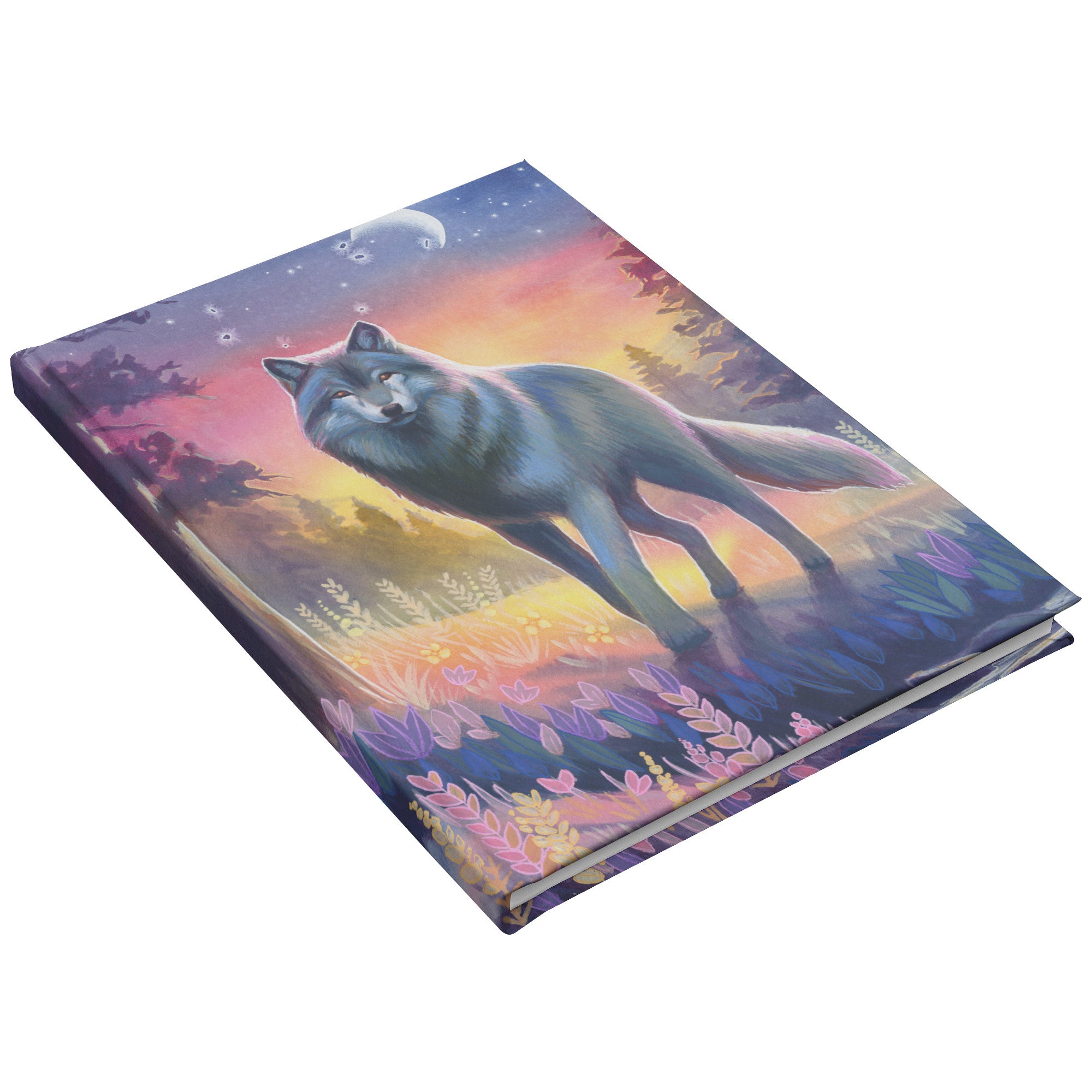 A vibrant Wolf Journal featuring a detailed painting of a wolf in a colorful, mystical forest under a starry sky.