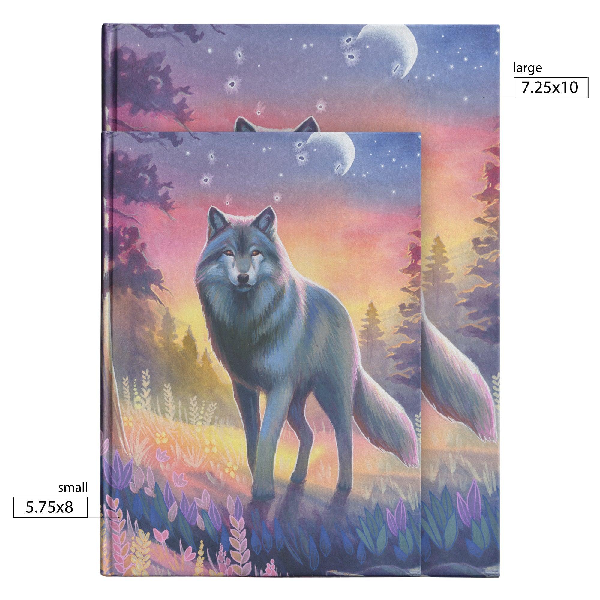 Wolf Journal featuring a mystical wolf in a forest under a starry sky with crescent moons, available in two sizes.