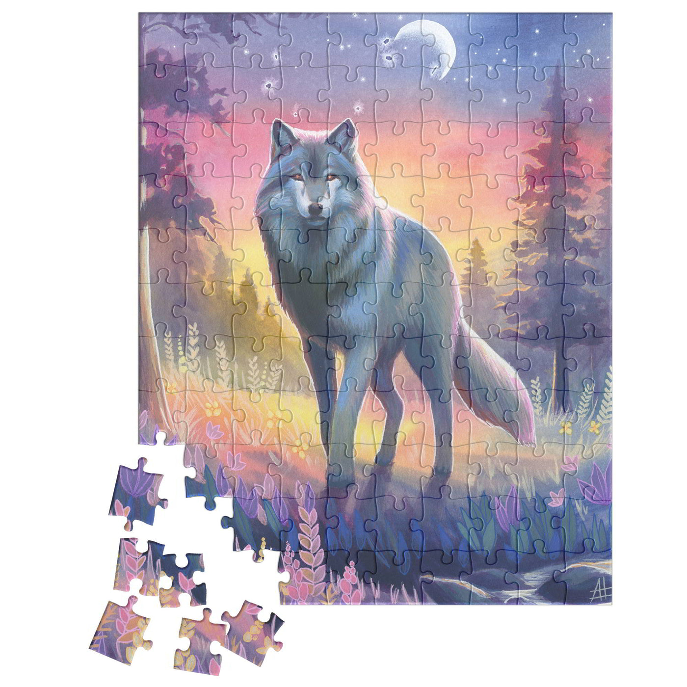 Wolf Puzzle with an image of a wolf standing in a colorful woodland at dusk, with a few puzzle pieces yet to be placed.
