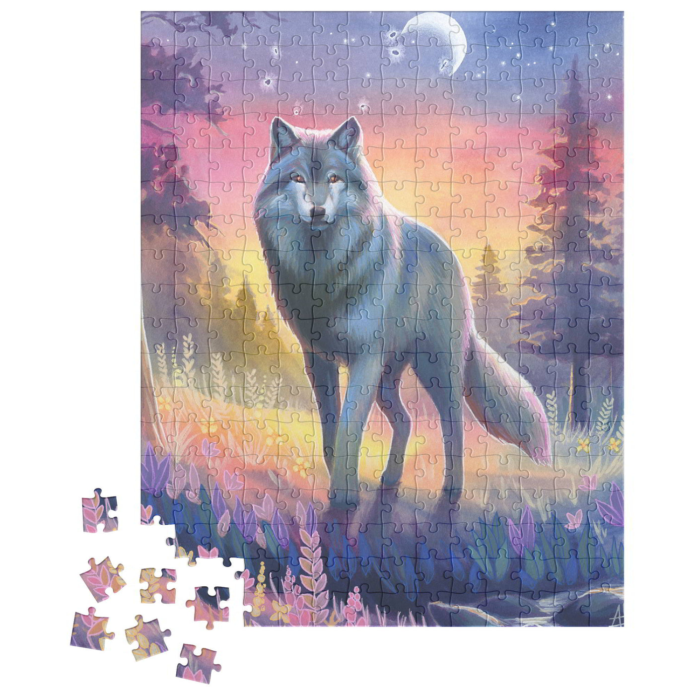 A Wolf Puzzle depicting a wolf in a colorful forest at dusk, with a few pieces yet to be placed, set against a backdrop of a rising moon.