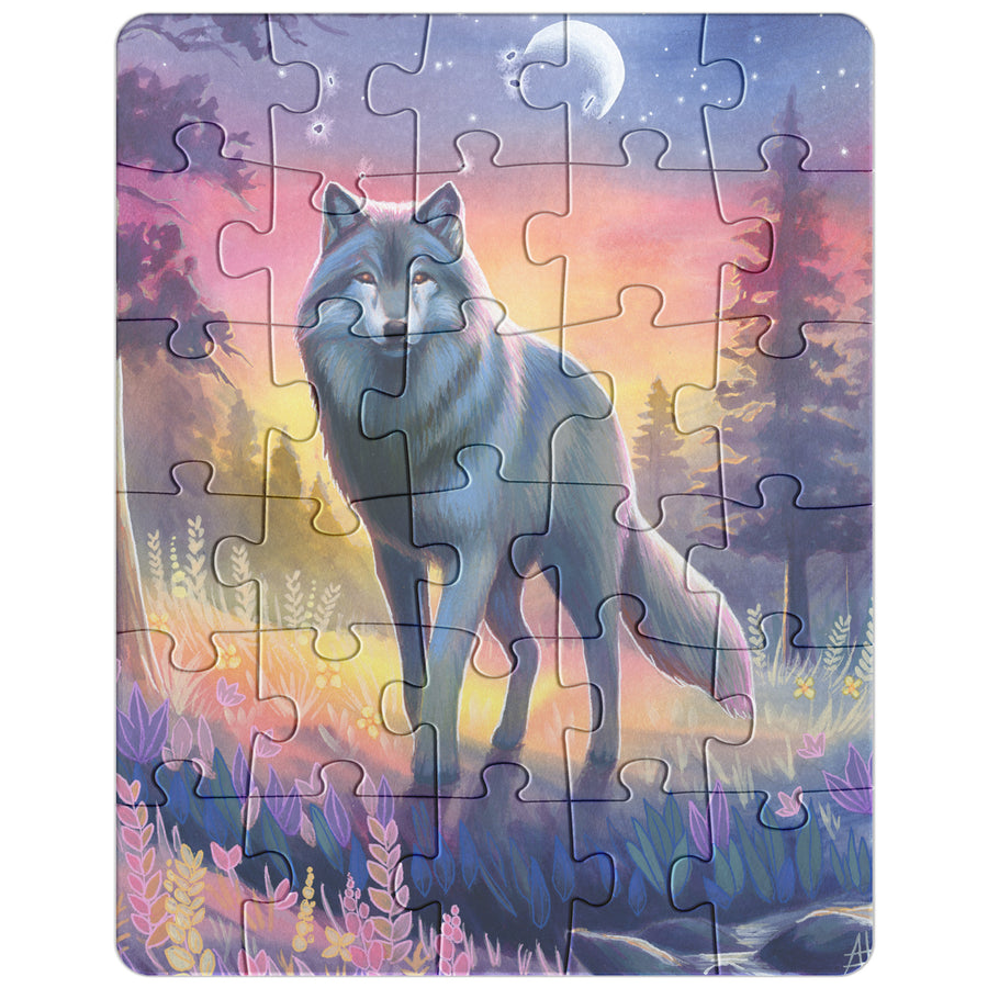Wolf Puzzle depicting a fox in a forest at twilight with vibrant sky colors and a crescent moon.