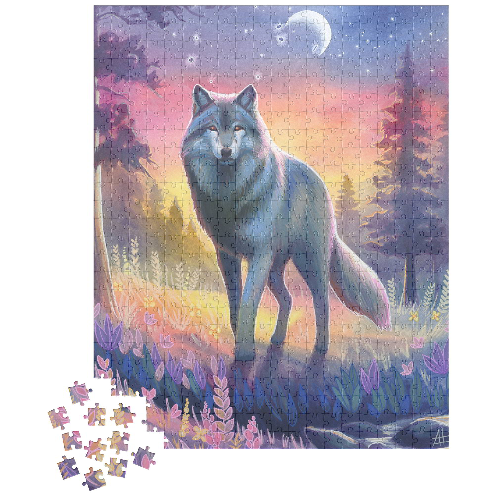 Nearly completed Wolf Puzzle depicting a wolf in a colorful forest setting at sunset, with loose pieces around the edges.