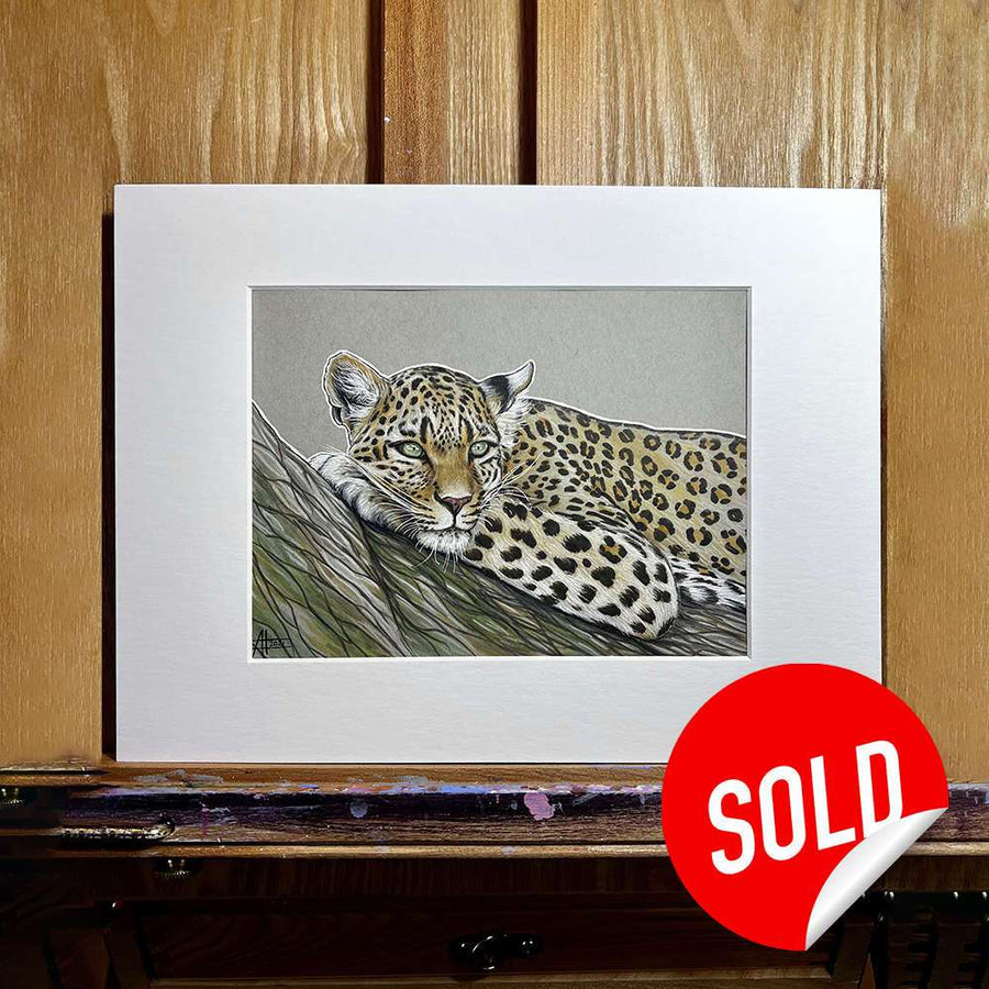 Drawing of a Young Leopard - Original Marker Painting by Amanda Lanford resting on a branch, framed and displayed on a wooden easel, with a red 'sold' sticker on the bottom right.