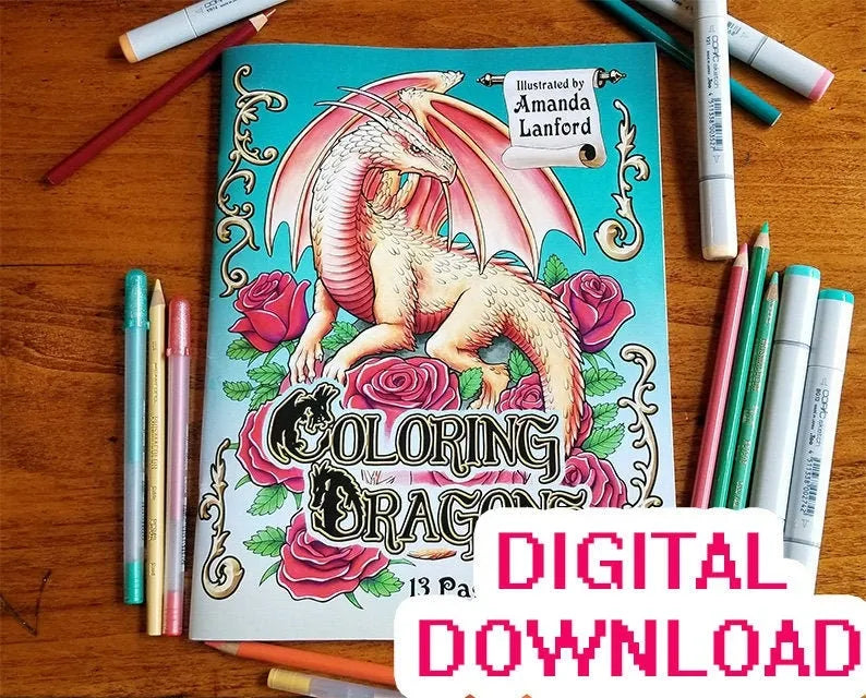 Coloring book with dragons, surrounded by markers, tagged 'DIGITAL DOWNLOAD'.