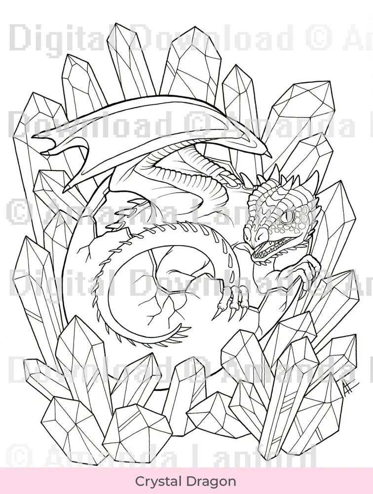 Line art of a Crystal Dragon for coloring, marked 'Digital Download'.