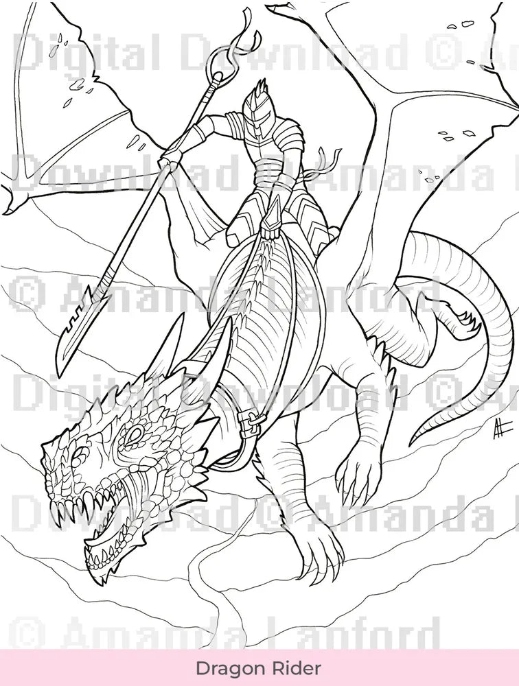 Line art of a knight riding a wyvern for coloring, marked 'Digital Download'.