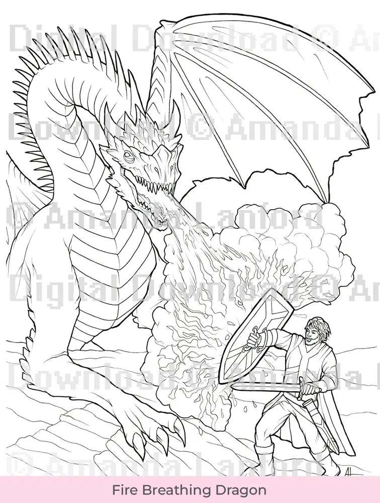 Line art of a hero fighting a fire breathing dragon for coloring, marked 'Digital Download'.