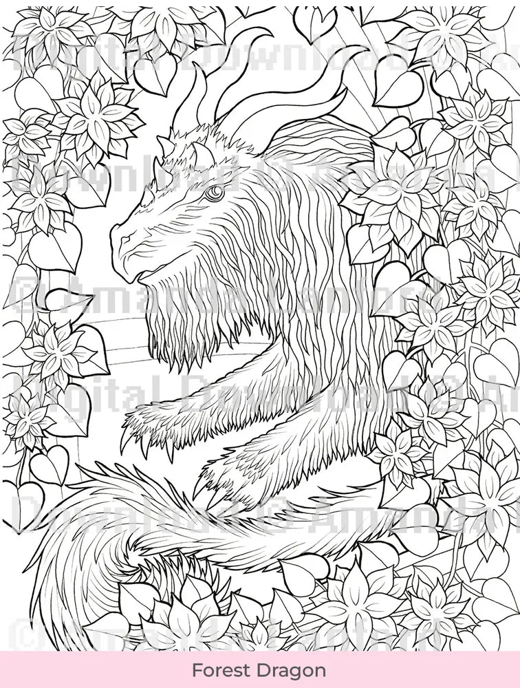 Line art of a shaggy hairy dragon amidst vines for coloring, marked 'Digital Download'.